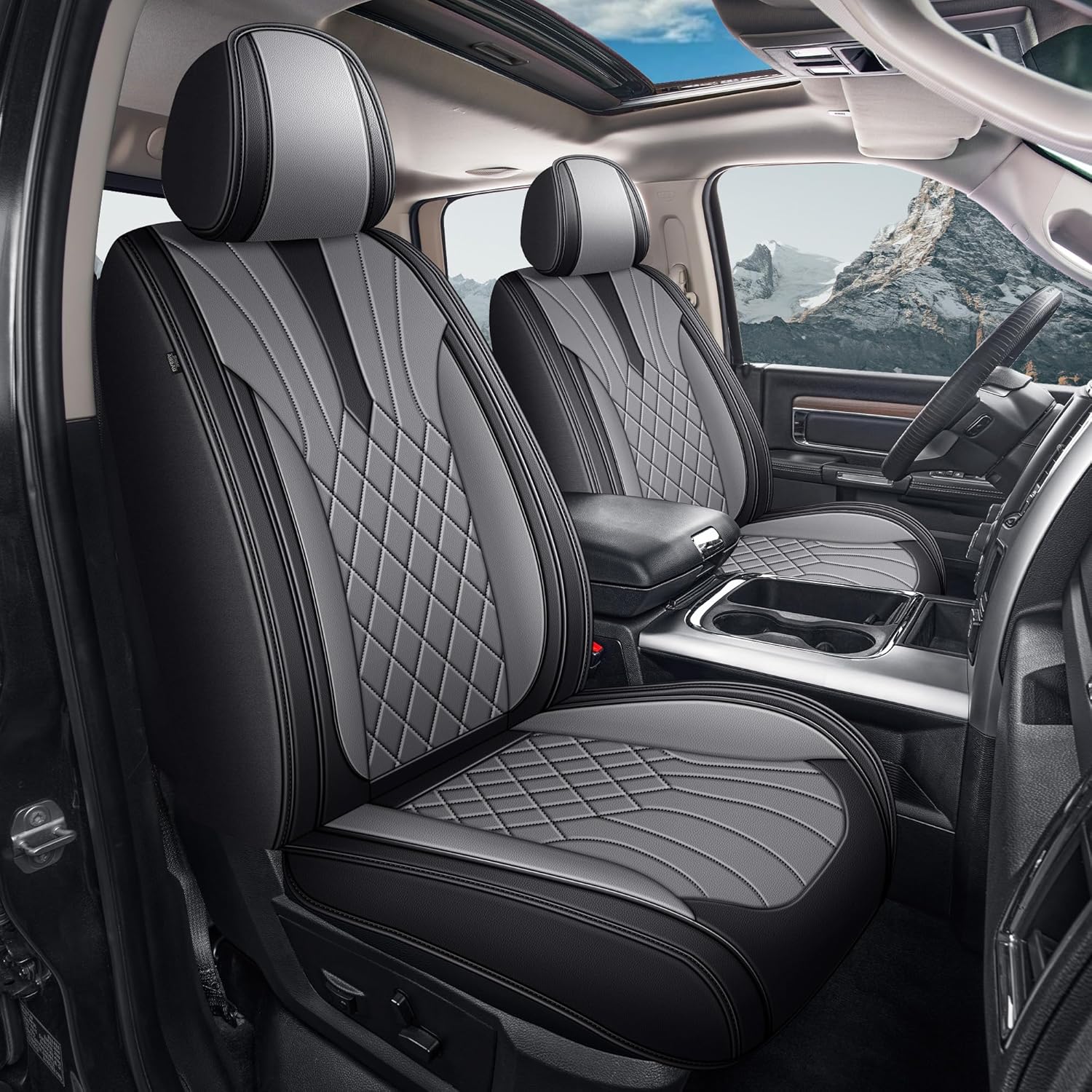 Ram Seat Covers Front Set,Waterproof Ram 1500 Seat Cover for 2002-2026 Dodge RAM 1500 2500 3500 Crew Quad Cab Classic Bighorn Longhorn Laramie Tradesman(Black&Grey,2 PCS Front)