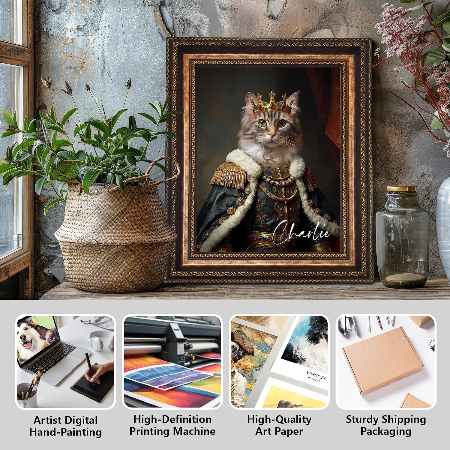 Gleamify - Custom Pet Portrait from Photo,Cat/Dog Memorial Gifts,Personalized Dog Wall Art poster/canvas in Royal Oil Painting Style,Funny dog Portraits