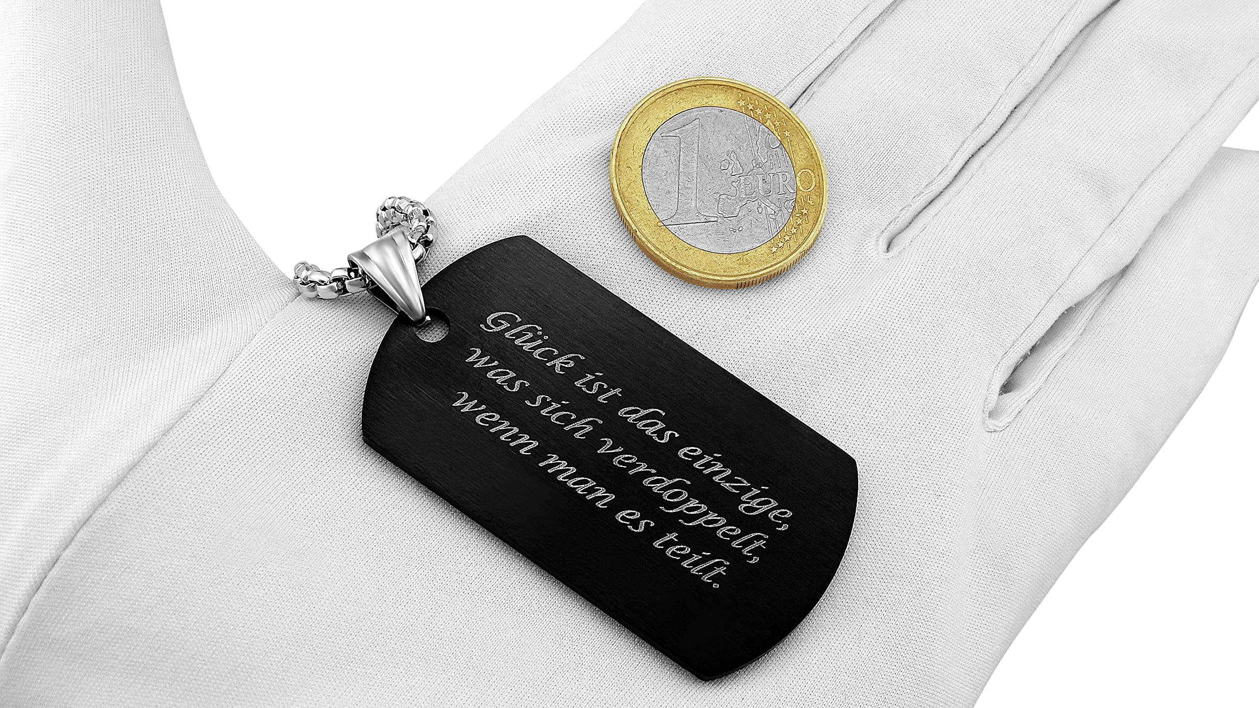 Personalisierte Kette mit Gravur Edelstahl 70 cm mit Anhänger Dog Tag Erkennungsmarke in silber schwarz - Personalisierte Halskette für Männer Frauen - Personalisierter Schmuck Damen Herren