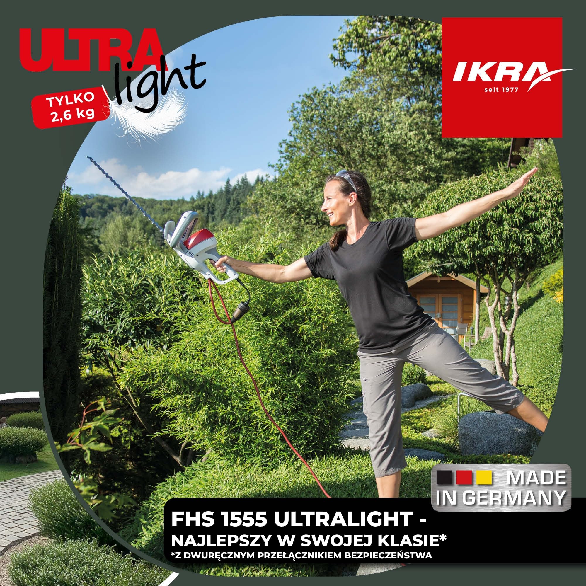 IKRA Nożyce elektryczne do żywopłotu FHS 1555, 550W,ultralekkie 2,6kg | Długość cięcia 55 cm, zabezpieczenie przed przeciążeniem i blokadą, ultralekka przekładnia, ergonomiczna konstrukcja