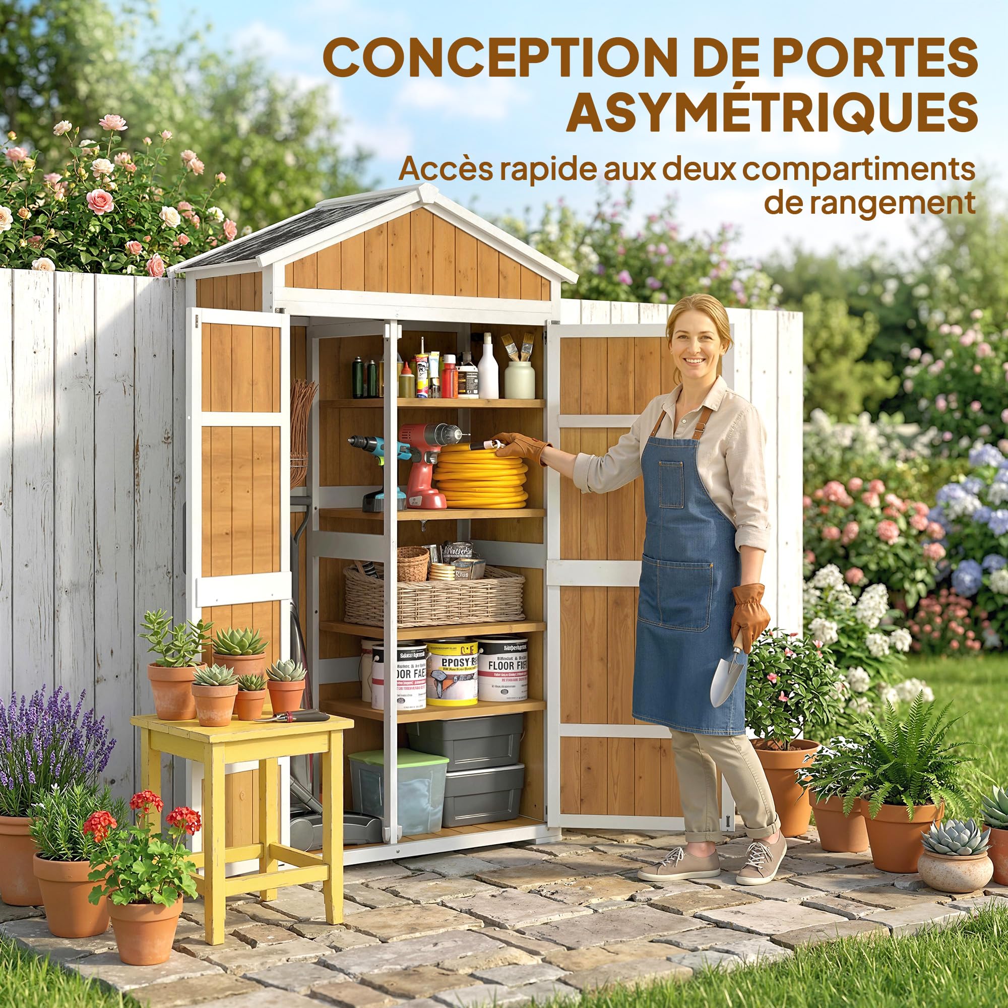 Outsunny Armoire de Jardin en Bois - Abri de Jardin Extérieur Étanche avec Toit en Métal - Meuble de Rangement Terrasse à Double Porte pour Outils de Jardinage 105x55x179cm, Blanc et Naturel