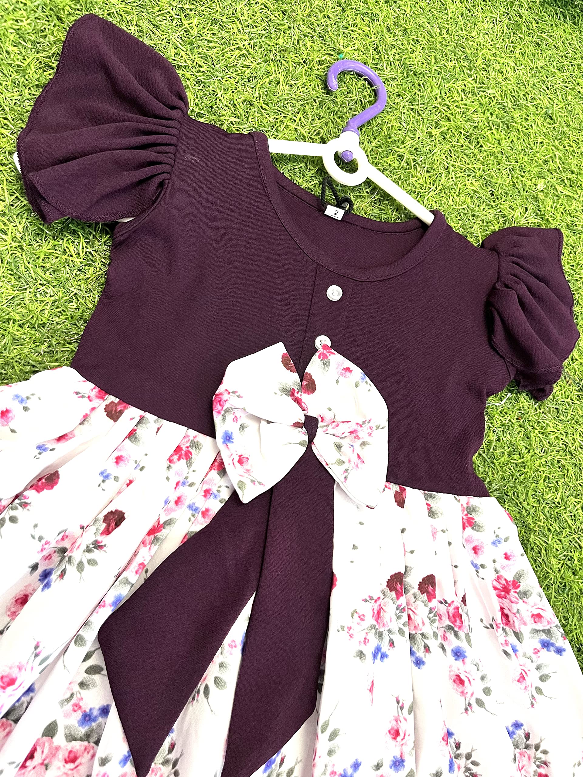TAGAS Toddler Girls Floral Print Ruffle Trim Belted Dress (2-3 Years, Purple) 2