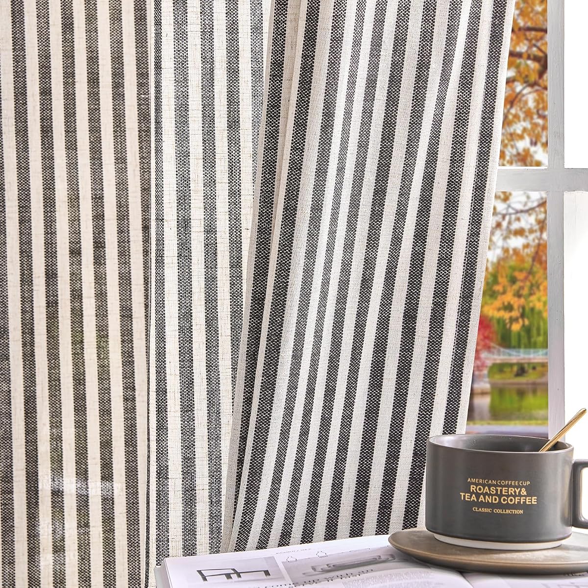 jinchan Linen Curtains 84 Inch Black Stripe on Beige Grommet 2 Panels | Curtains for Living Room Bedroom,Ticking Stripe Pattern,Farmhouse Cottage Core Rustic, Window Treatment,Light Filtering