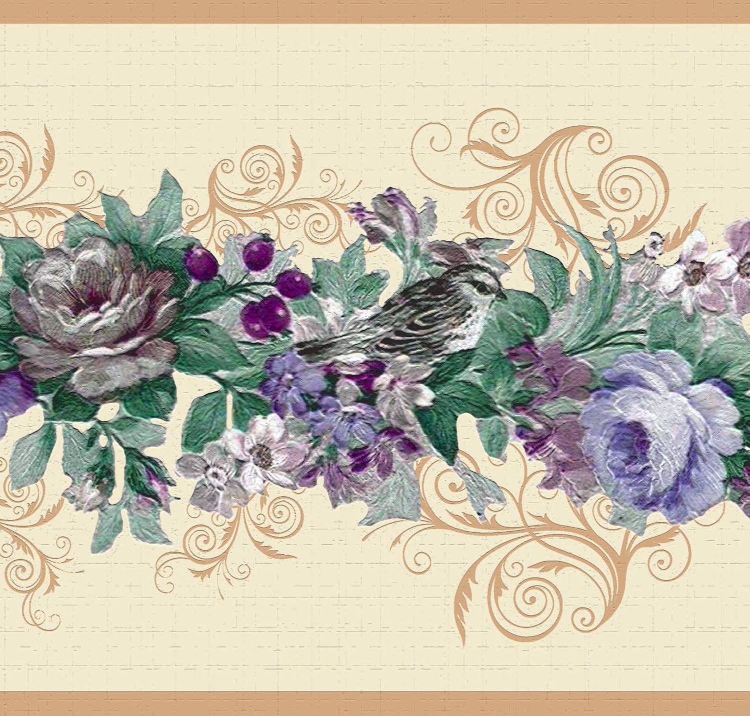 Dundee Deco Wallpaper Border Peel and Stick DDAZBD9038 Floral Purple, Blue, Green, Beige Flowers on Vine Wall Border Retro Design, 15 ft x 7 in (4.57m x 17.78cm), Self Adhesive
