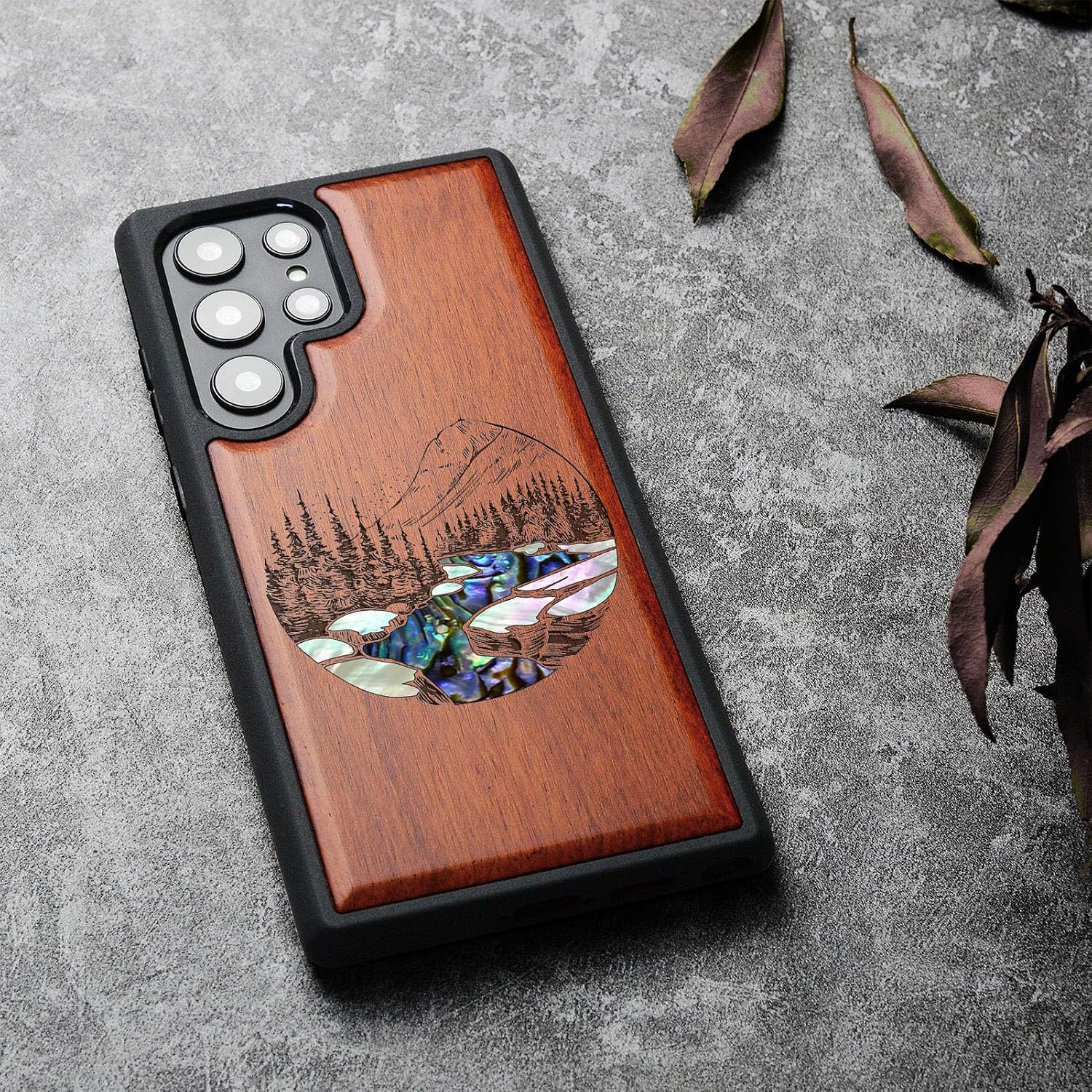 Carveit Designer Wooden Cover for Samsung Galaxy S22 Ultra Case [Wood Engraving & Shell Inlay] Compatible with Wireless Chargers Galaxy S22 Ultra (Natural Landscape-Rosy)