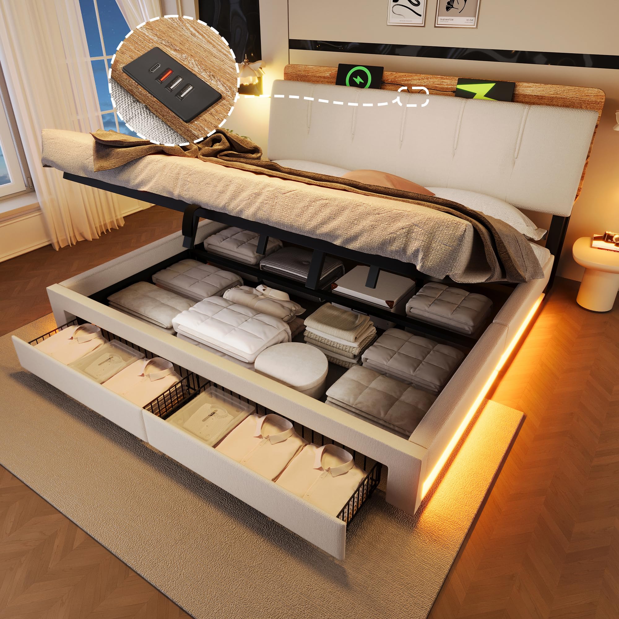 Lit Coffre 180x200 cm, Lit Double à Levage Hydraulique, Cadre de lit avec Prises USB/Type-C, Éclairage LED, 2 Tiroirs, Rangement Multifonctionnel, Sommier à Lattes en Bois, Lin, Beige