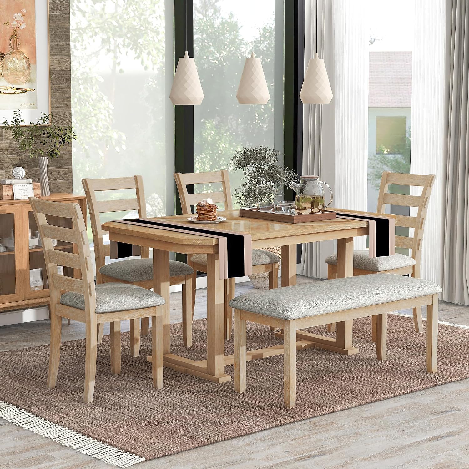 6 Piece Rubber Wood Dining Table Set, Dining Table with Wood Grain Pattern Tabletop , Dining Room Table Set with 4 Upholstered Chairs and Bench, Kitchen Table and Chairs for 6 ,Natural Wood Wash