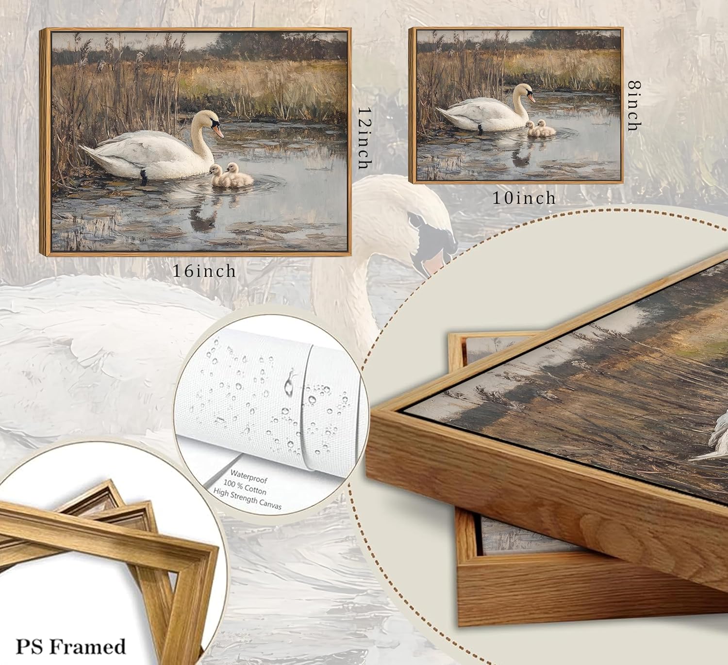 Vintage Swans Family In The Lake Canvas Wall Art Wild Animal Landscape Oil Painting Picture Wall Decor Classical Swan Poster Print Artwork for Living Room Bedroom Bathroom Home Decoration FRAMED