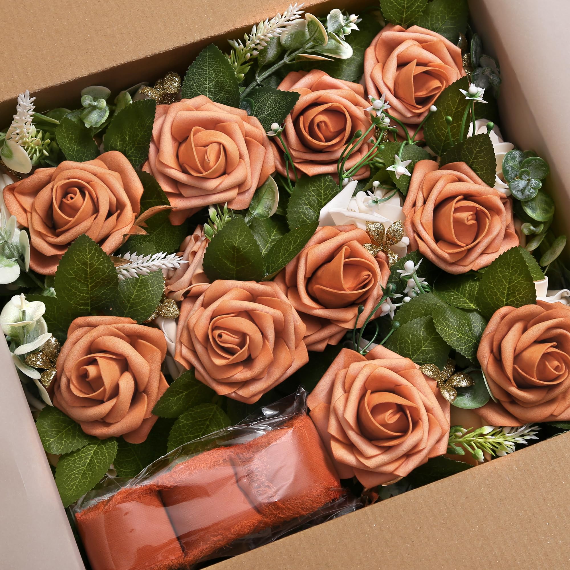 Hochzeit Gang Dekorationen für Hochzeit Zeremonie 10er Set Kirchenblumen für Kirche Stuhl Dekorationen Party Dekor mit künstlichen Blumen Eukalyptus und Bändern Terrakotta