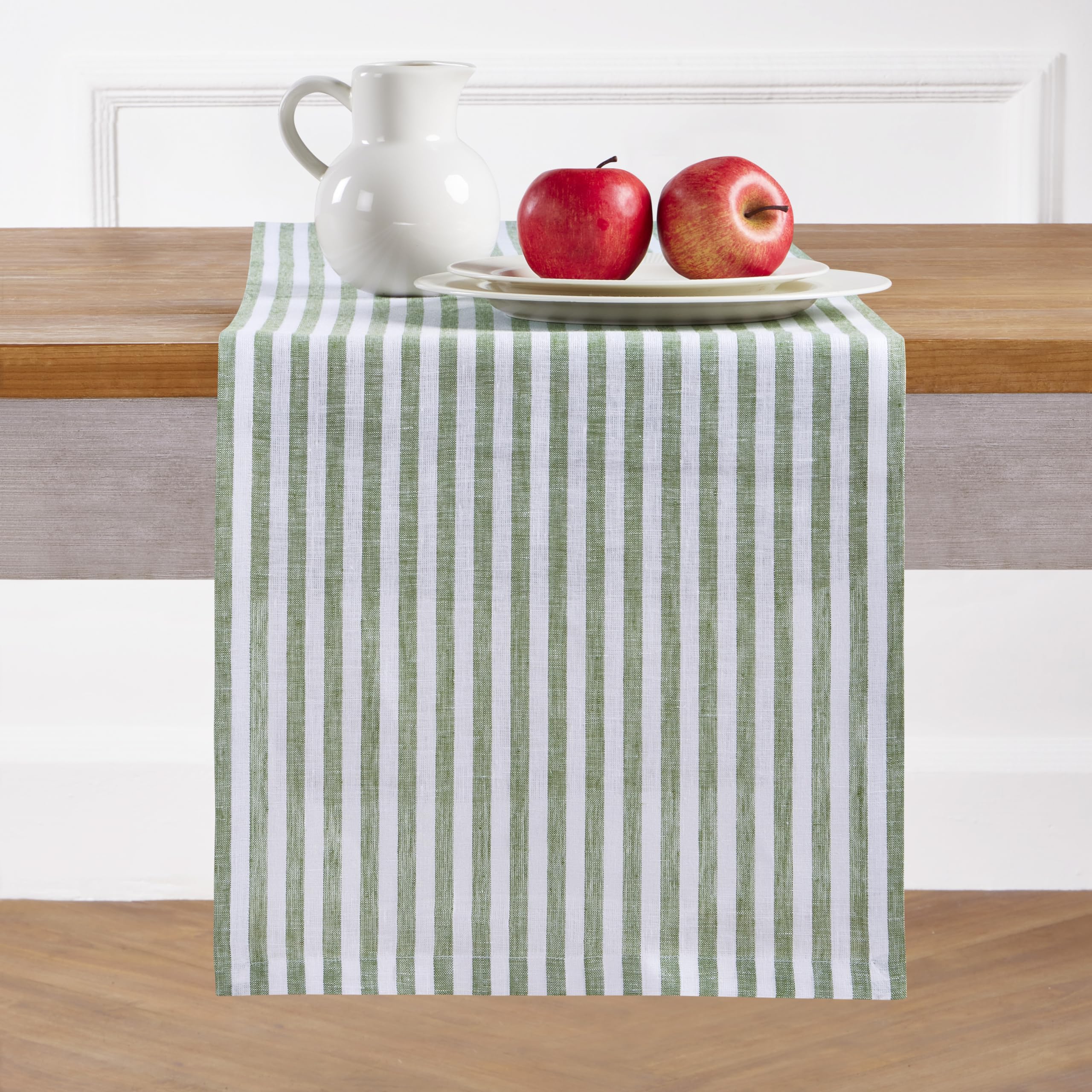 Solino Home Striped Linen Table Runner 60 Inches - Amalfi Stripe, 100% Pure Linen Green and White Small Table Runner 14 x 60 Inch Ideal for Dresser