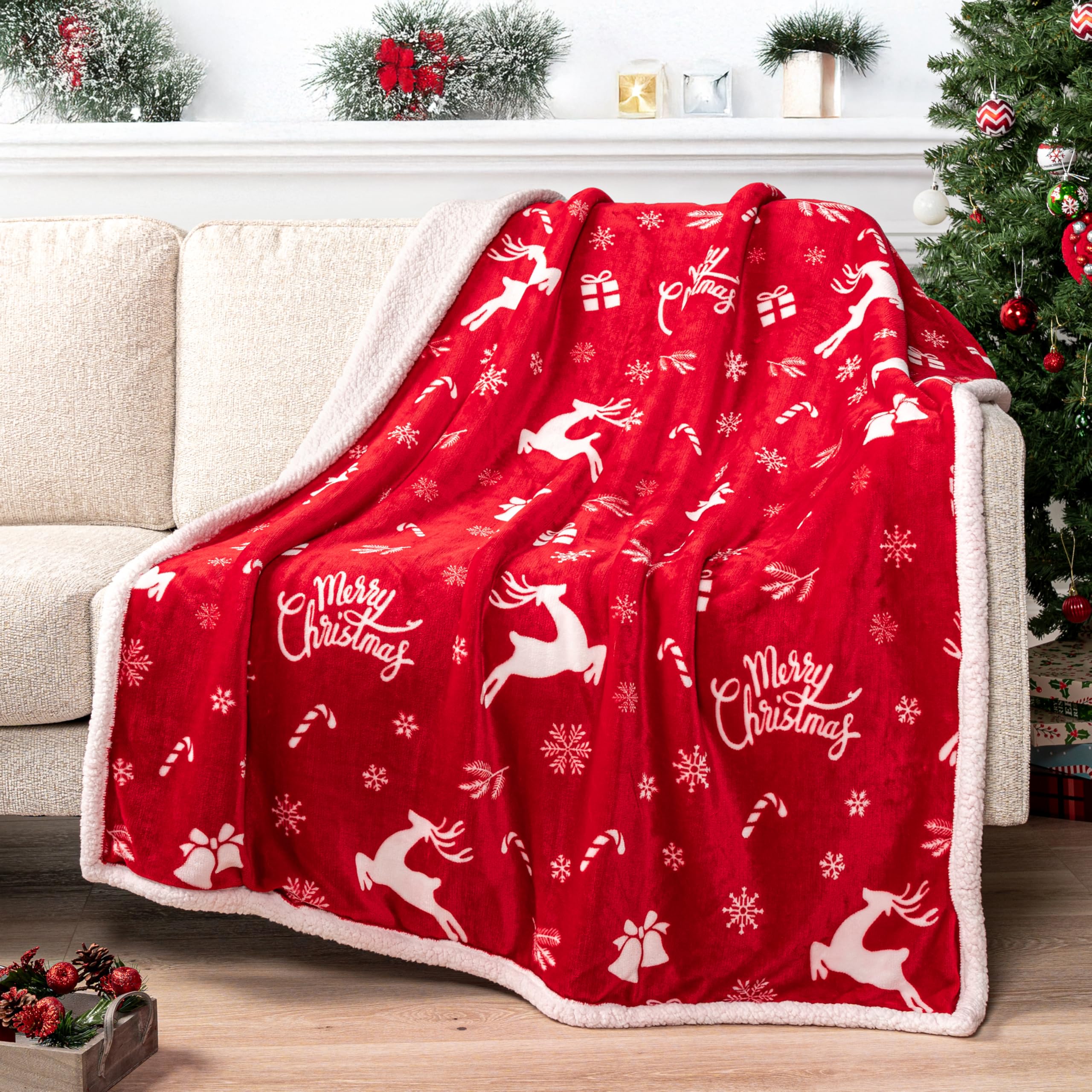 PAVILIA Premium Christmas Sherpa Throw Blanket | Christmas Decoration Gift, Fleece, Plush, Warm, Cozy Reversible Microfiber Holiday Blanket | Red Reindeer - 50x60