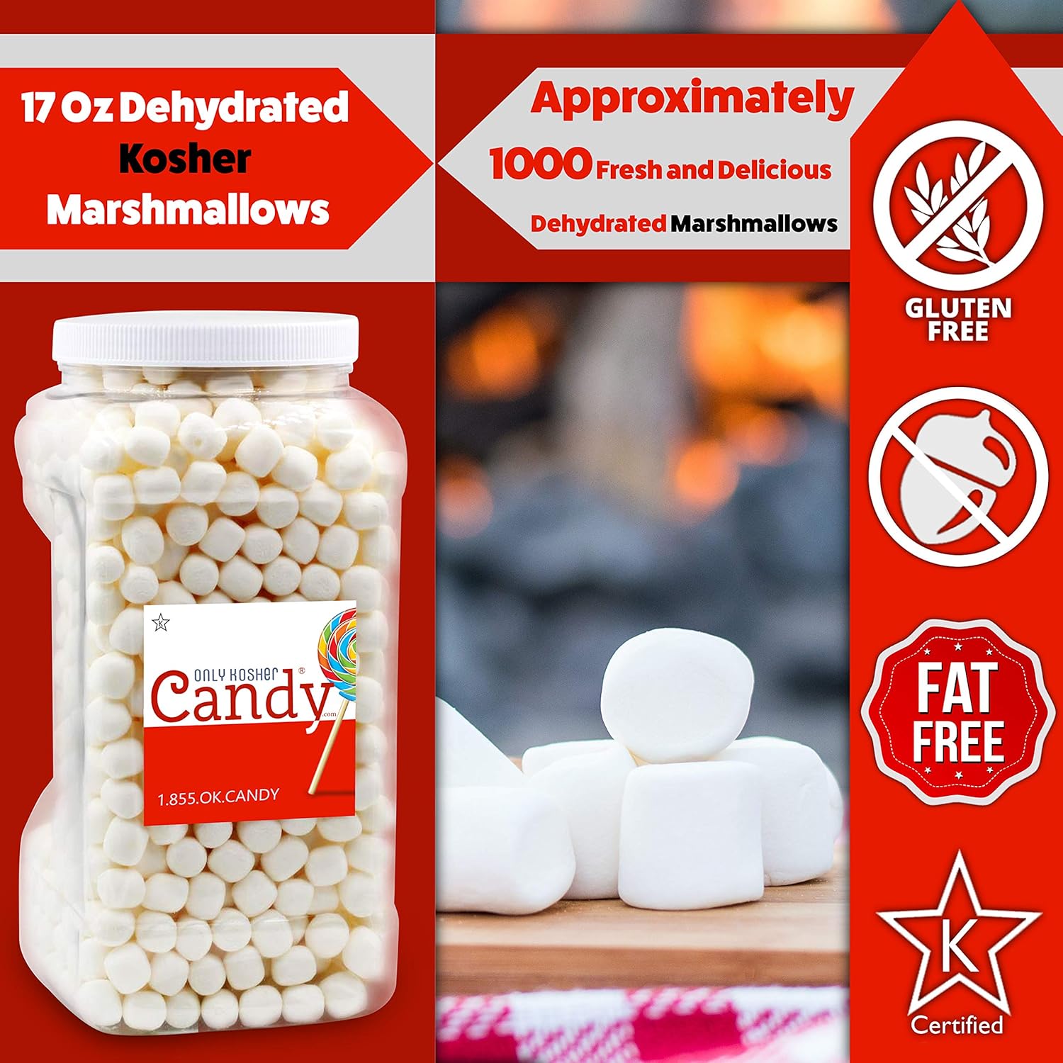Only Kosher Candy Dehydrated Marshmallows Vanilla Flavors, Gluten Free, Nut Free & Fat Free, Kosher Certified White Pop Mallows in Jar, Perfect for Topping & Baking (large)