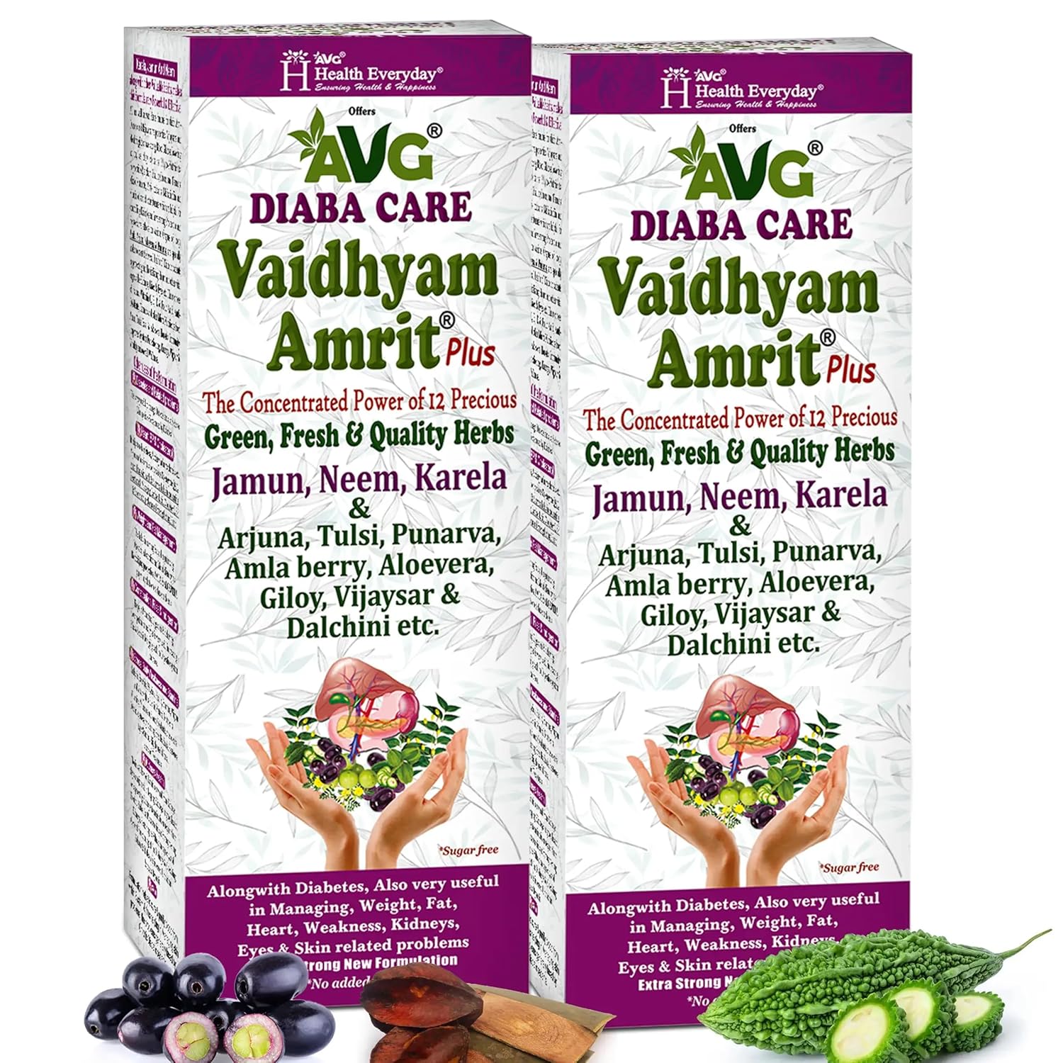 AVG Health Organics Diaba Care Vaidhyam Amrit Plus, Jamun, Neem, Karela, Arjuna – Ayurvedic Diabetes Care Juice | Pack of 2