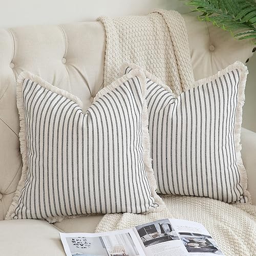 Miniatura 1 de Hckot Juego de 2 fundas de almohada de 16 x 16 pulgadas, a rayas con flecos, de algodón, decorativas, cuadradas, para sofá, cama, sala de estar,