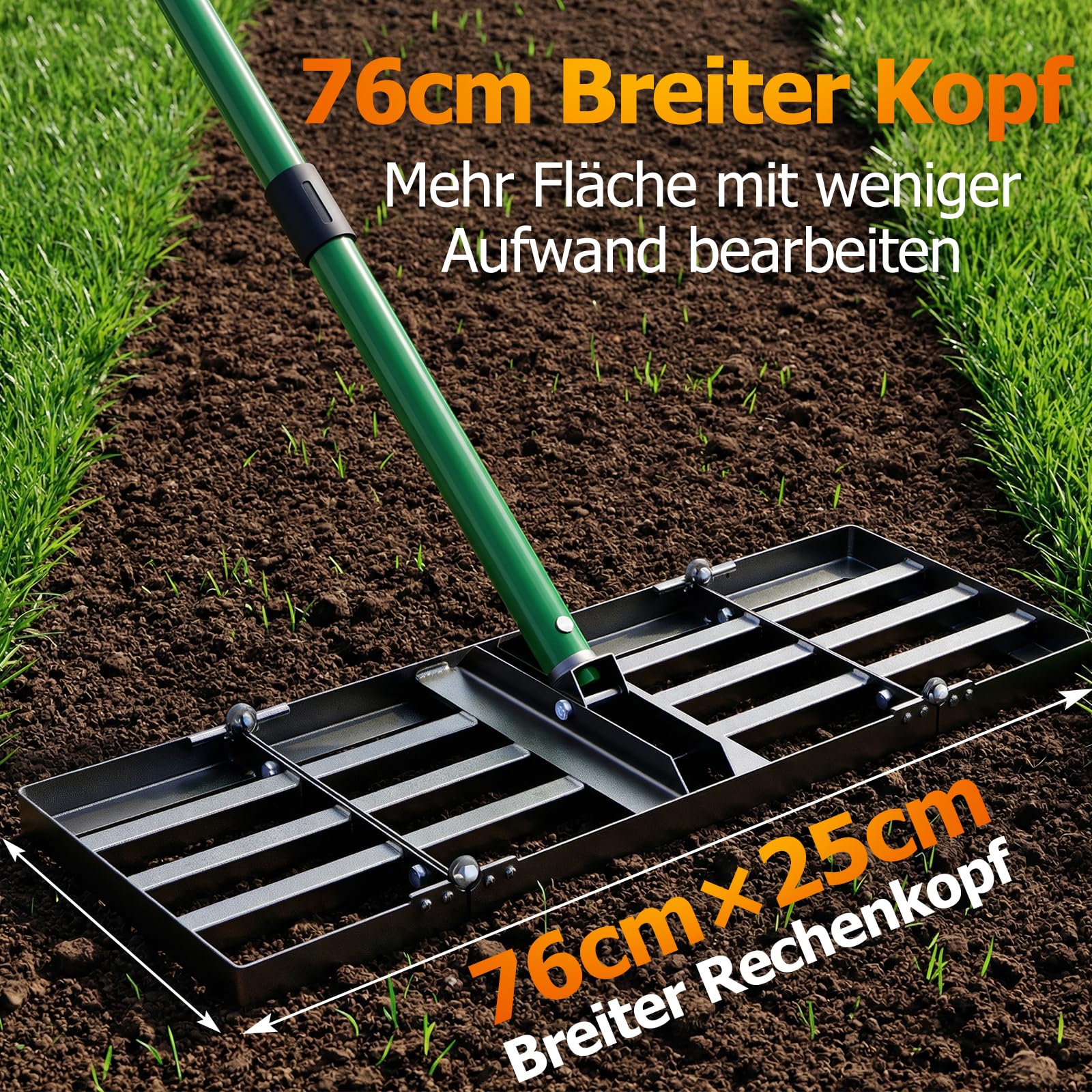 Rasennivellierharke - 76x25cm Rasennivellierer Rasen Rakel, Hochbelastbarer Rasen Nivellierrechen mit 84-196cm Verstellbarem Griff, Klappbare Garten Rasenrechen für Erde, Sand, Kies