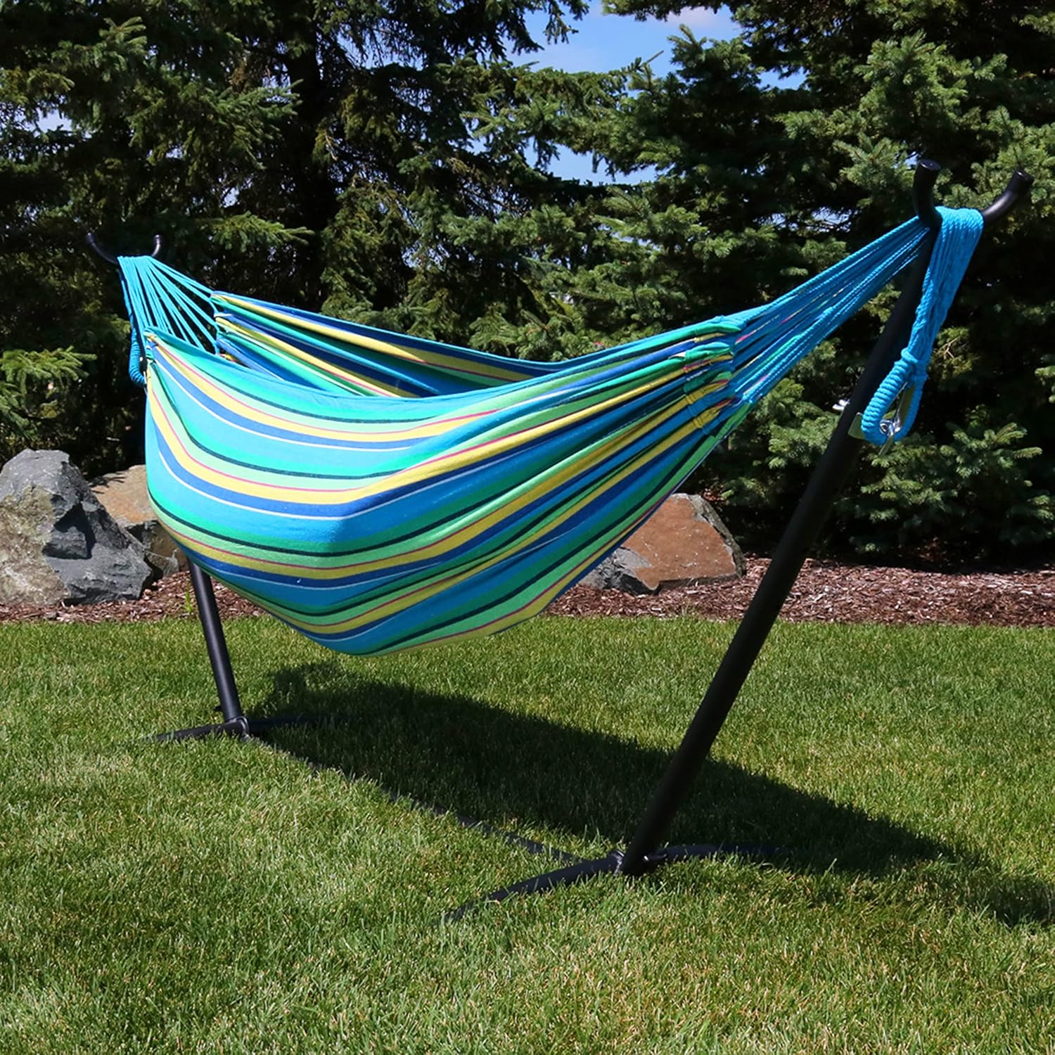 Sunnydaze Double Brazilian Hammock with Stand and Carrying Case - 400-Pound Capacity - Black Stand - Sea Grass