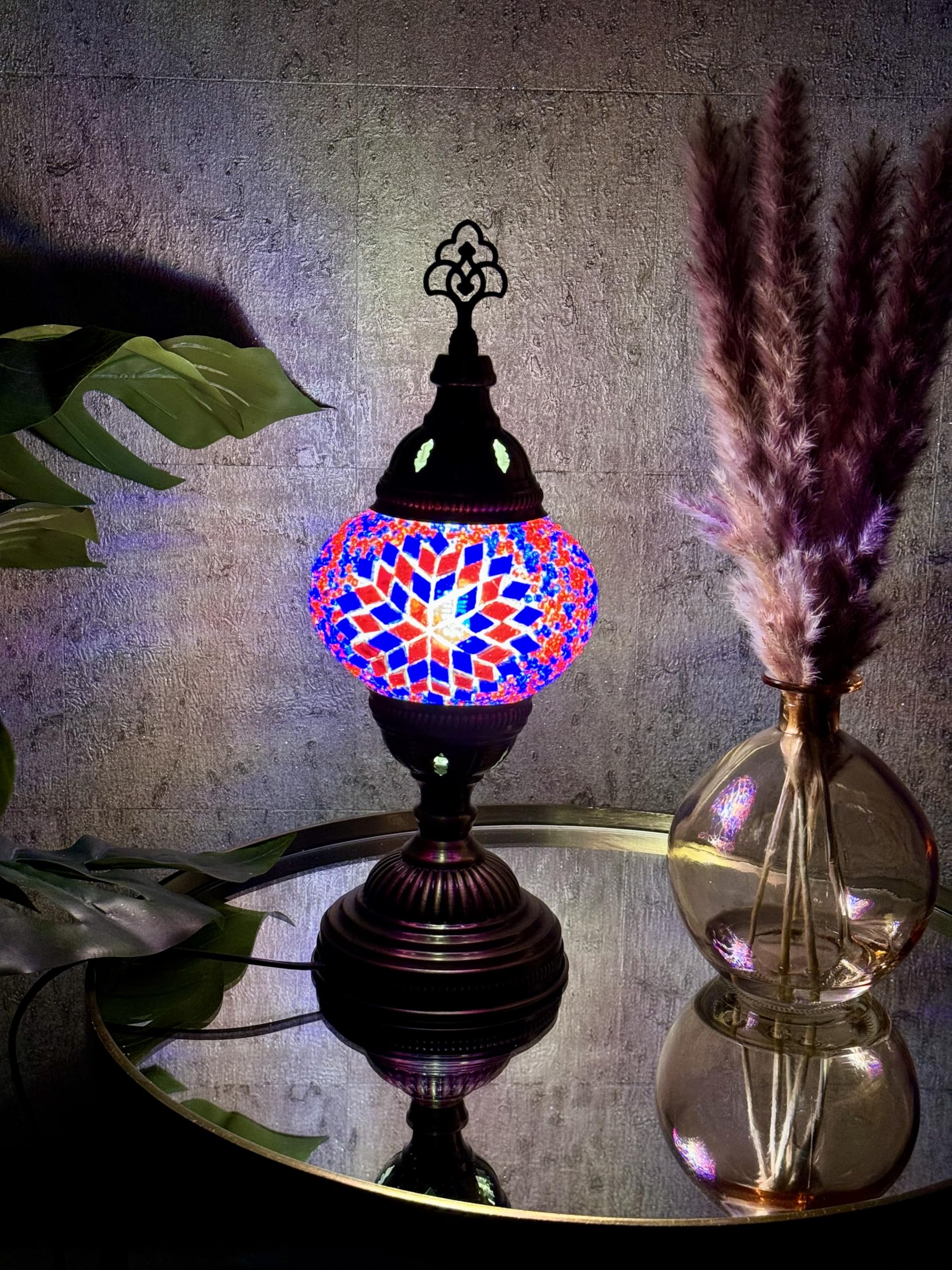 Lightza New Handmade Multi Color Turkish Moroccan Mosaic Table Lamp (Red Pink)