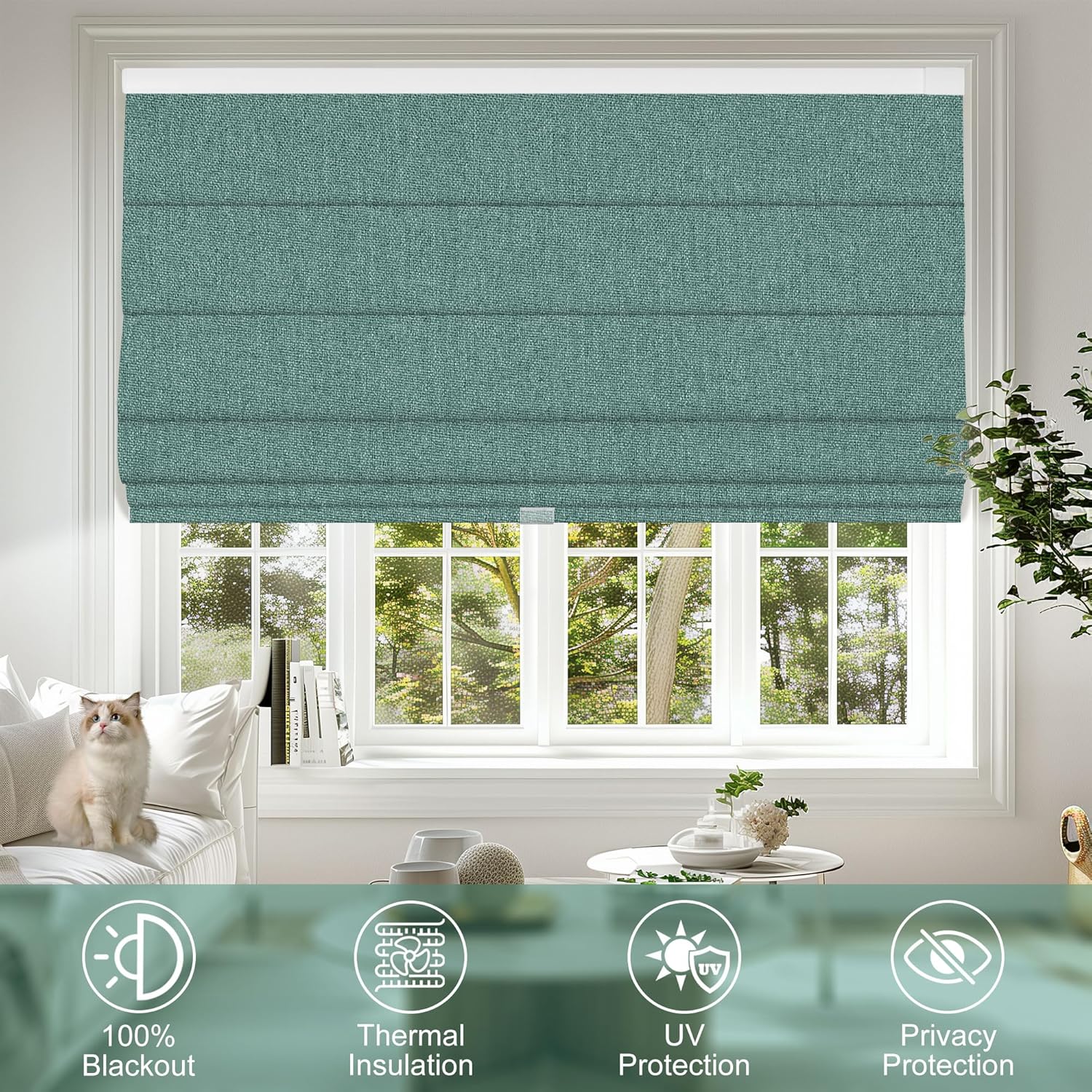 No Drill No Tools Roman Shades for Interior Windows, Blackout Linen Roman Blinds for French Door, Thermal Insulated Noise Reduction, 41" W x 48" H, Green