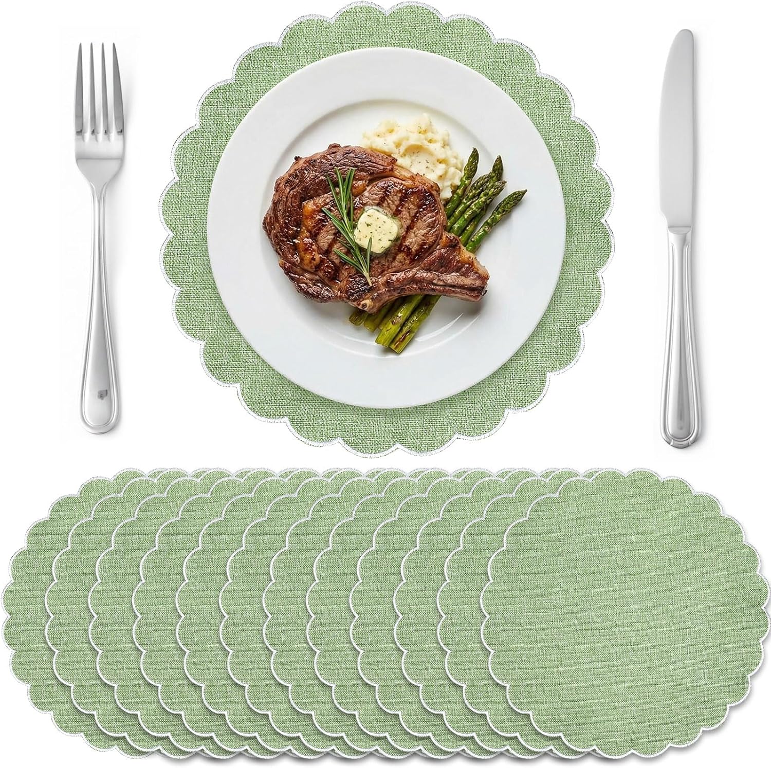 Set of 12 Sage Green Cotton Placemats 15 Inch Round Scalloped Embroidery Placemats Washable Double Layered Rustic Table Mat Fabric Napkins for Wedding Table Decor