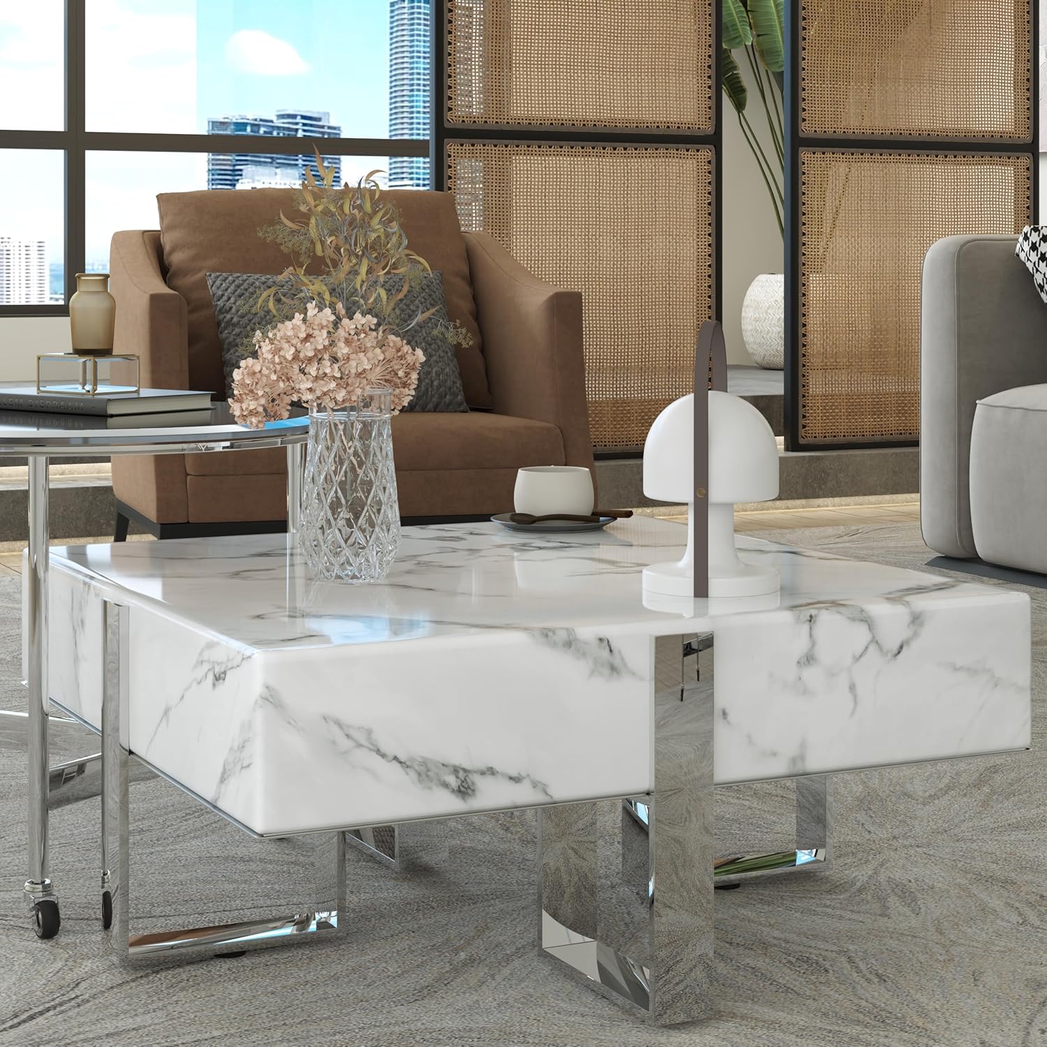 Silver Square Coffee Table and Round End Table for Living Room, Modern Luxury Coffee Table with White Faux Marble Tabletop and Chrome Stainless Steel Legs for Apartment
