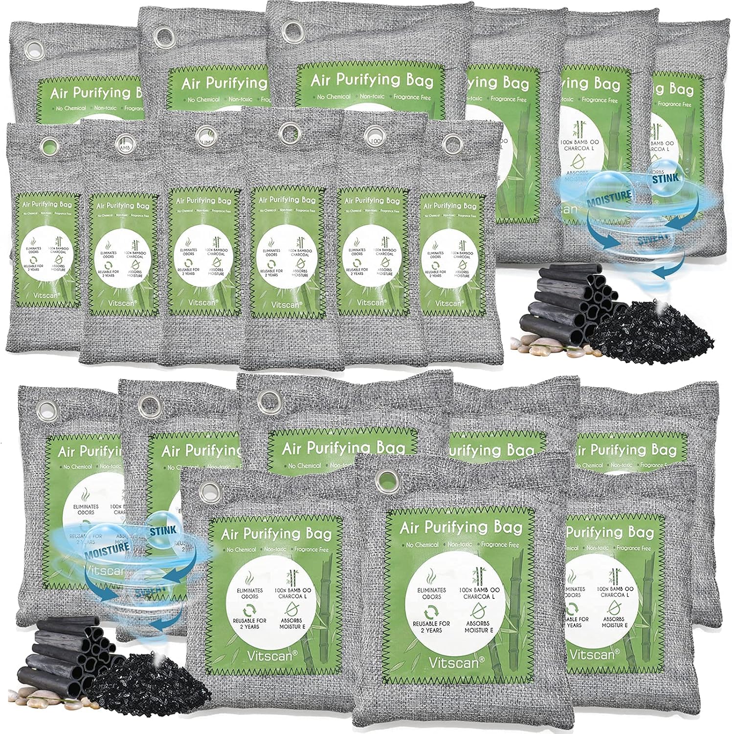 20 Pack Bamboo Charcoal Air Purifying Bag, Activated Charcoal Bags Odor Absorber, Moisture Absorber, Natural Car Air Freshener, Shoe Deodorizer, Odor Eliminators For Home, Pet, Closet, Car