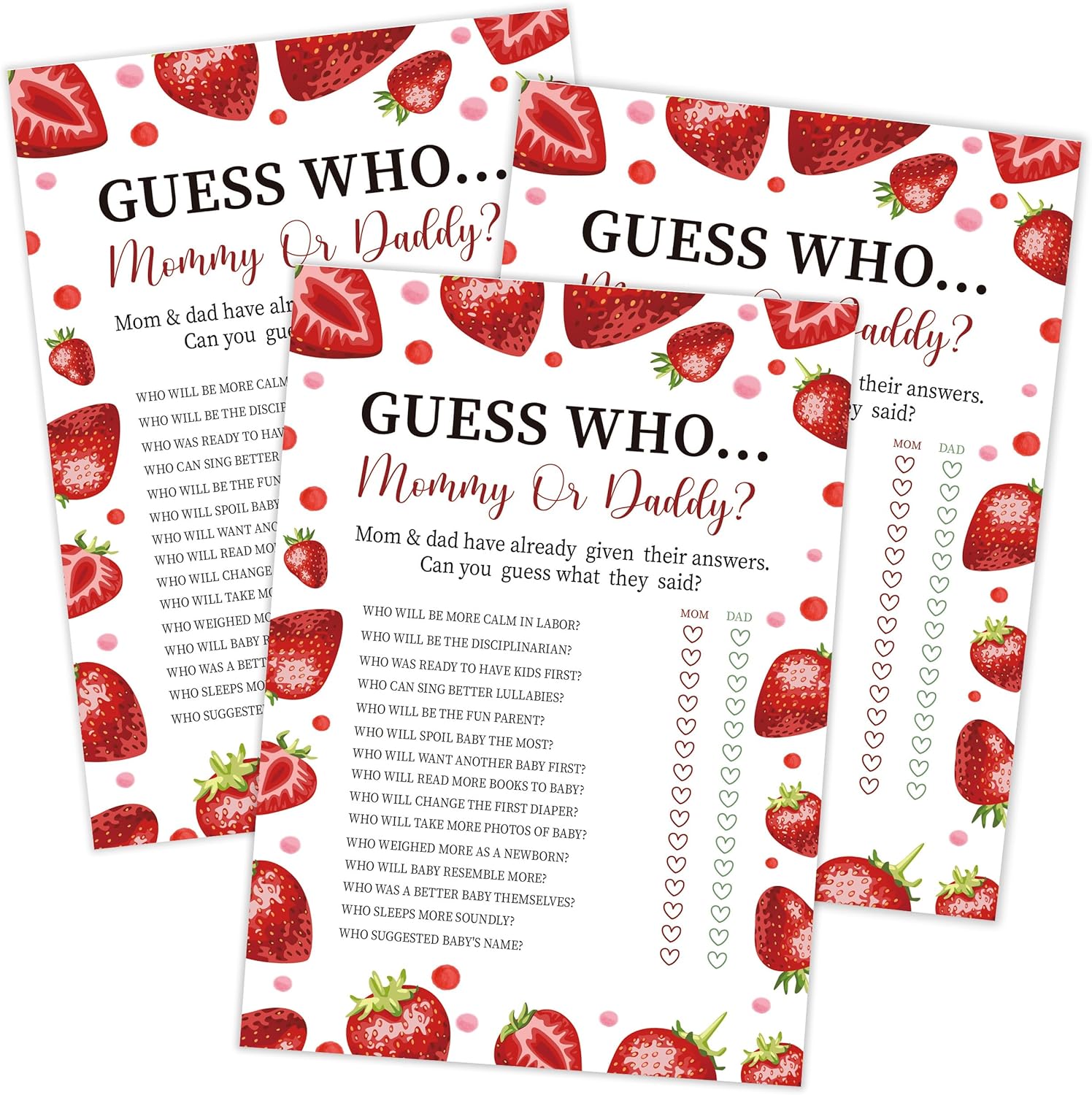 Strawberry Guess Who Mommy or Daddy Game, Baby Shower Game, Pack of 30 Game Cards, Gender Neutral Boy or Girl, Fun Baby Game and Activity - FA17