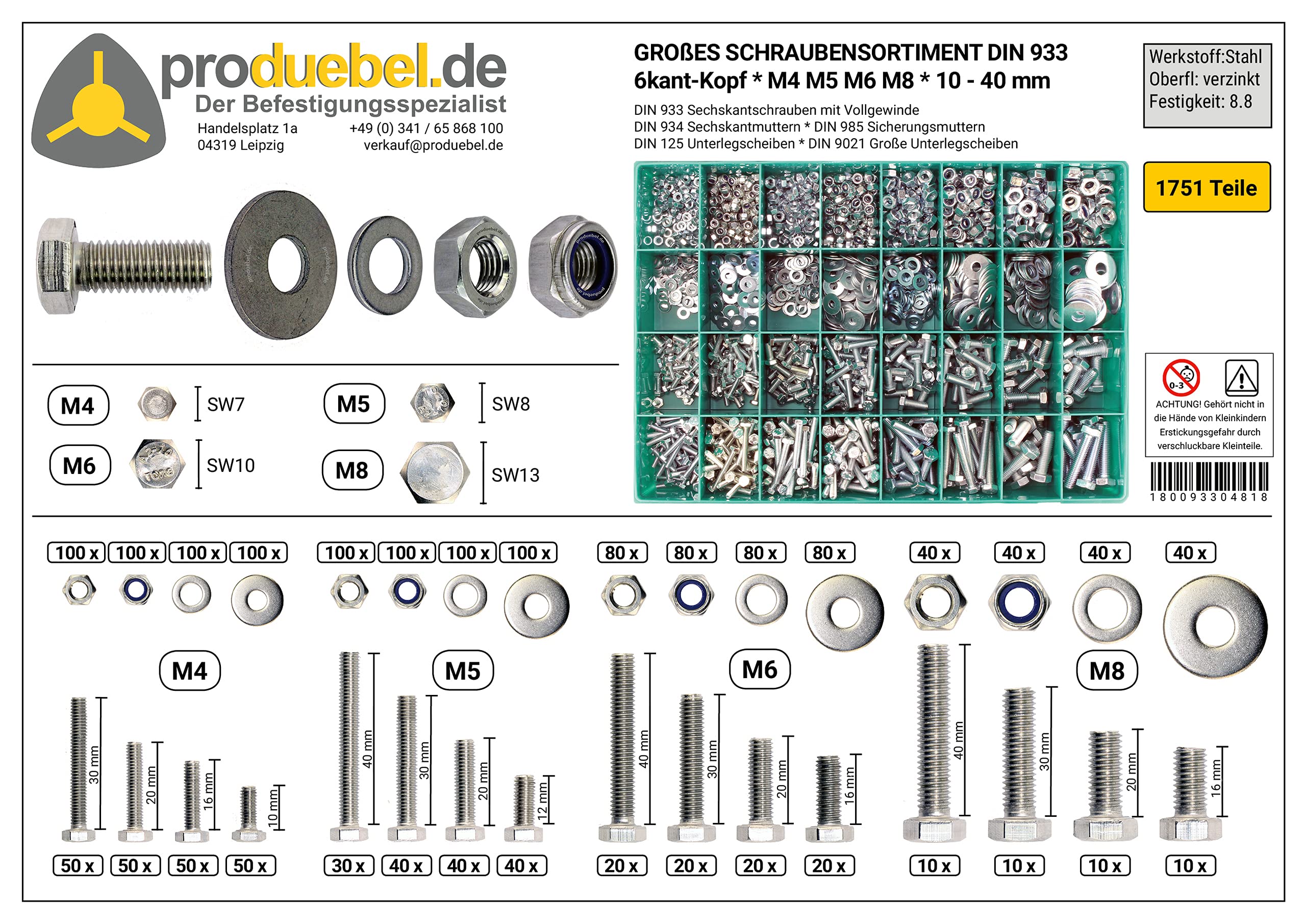 Sparset Großes Schrauben-Sortiment DIN 933 M4/M5/M6/M8 und M10/M12 Stahl verzinkt 2001-tlg. (Standard-Box)