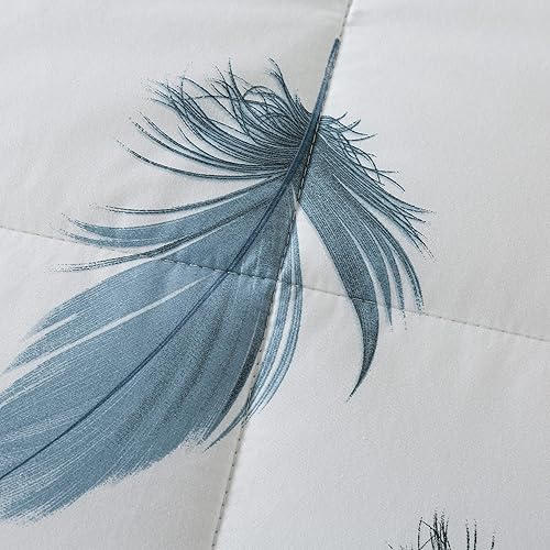 Miniatura 8 de Juego de edredón de 100 % algodón con estampado de plumas tamaño Queen, edredón reversible y esponjoso con estampado de plumas, color blanco claro,