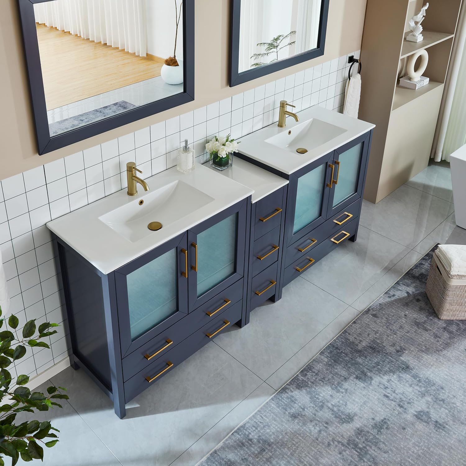 Vanity Art 84 Inch Under Mount Double Sink Bathroom Vanity Cabinet with 2 Mirrors, Ceramic Top Bathroom Cabinet Compact Set with 7 Dovetail Storage Drawers and Gold Finish Handles, VA3036-84B