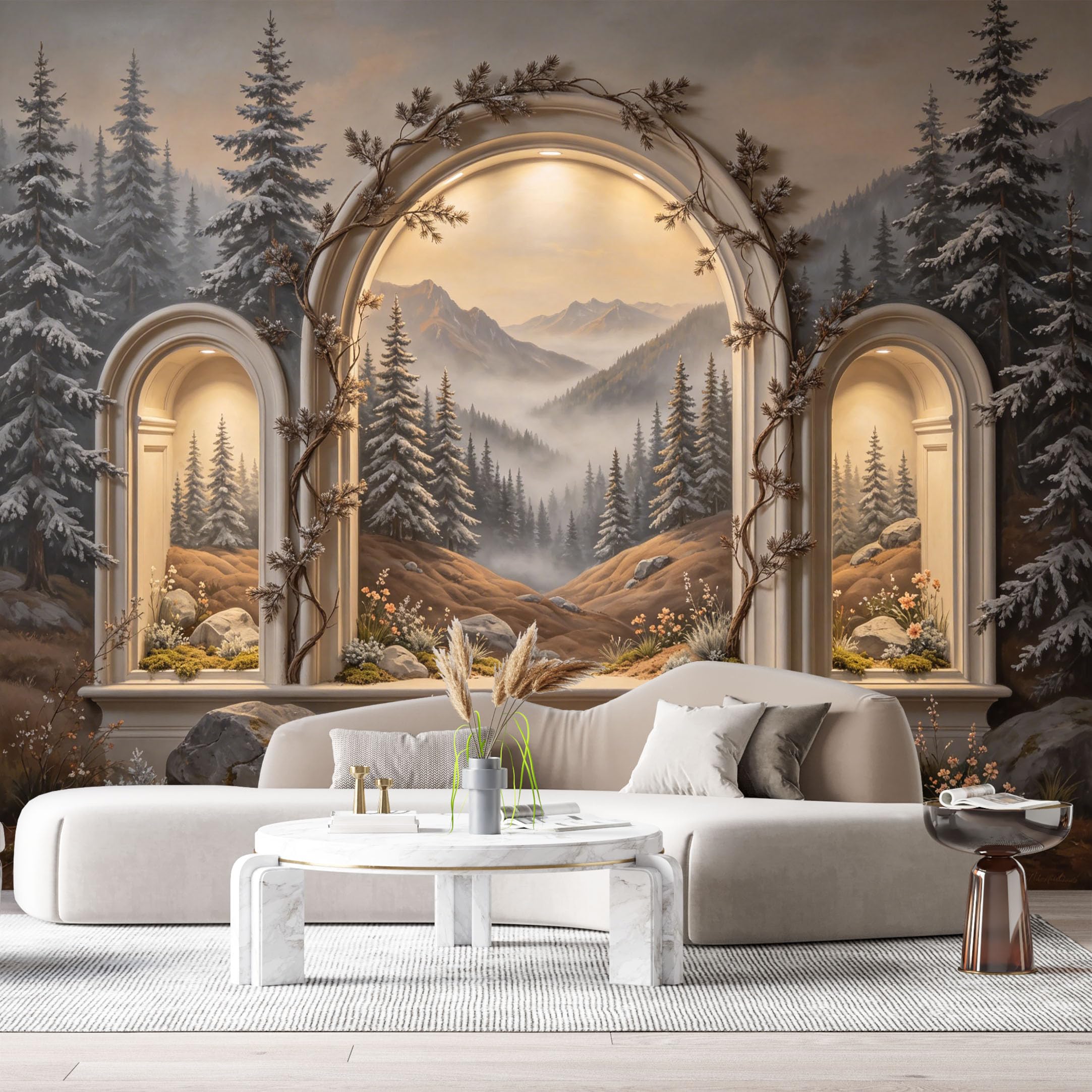 Custom Size Wall Murals Misty Mountain Pine Forest Archway 3D Trompe L'Oeil SelfAdhesiveWall Fabric Removable Wallpaper Wall Decor for Living Room Bedroom Bathroom