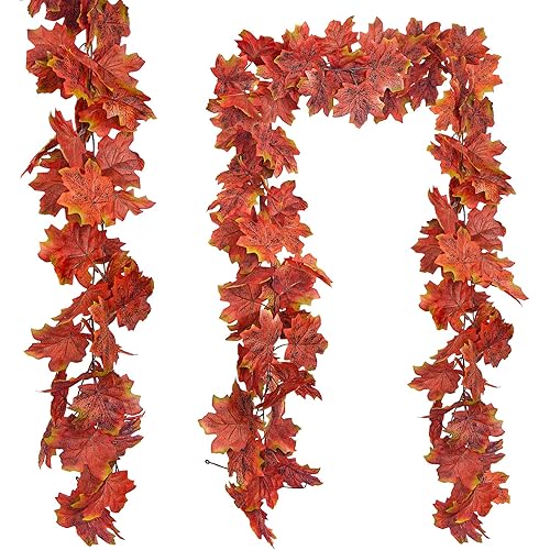 ADORAMOUR Artificial Fall Maple Leaf Garlands - 2Pack 102inch Length Fake Hanging Autumn Leaves Vine Decoration, Realistic Autumn Foliage Wreath Decor for Room and Garden Wall Aesthetic Indoor Outdoor