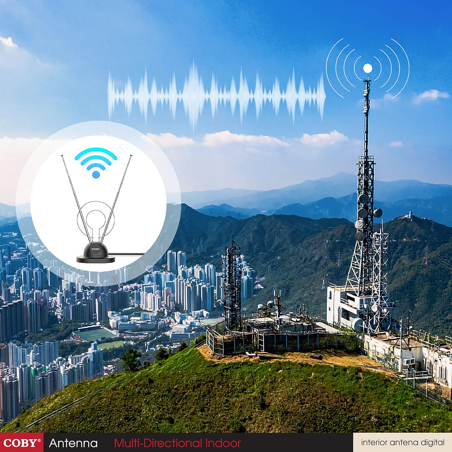 Family watching TV with Coby Digital Antenna in the background