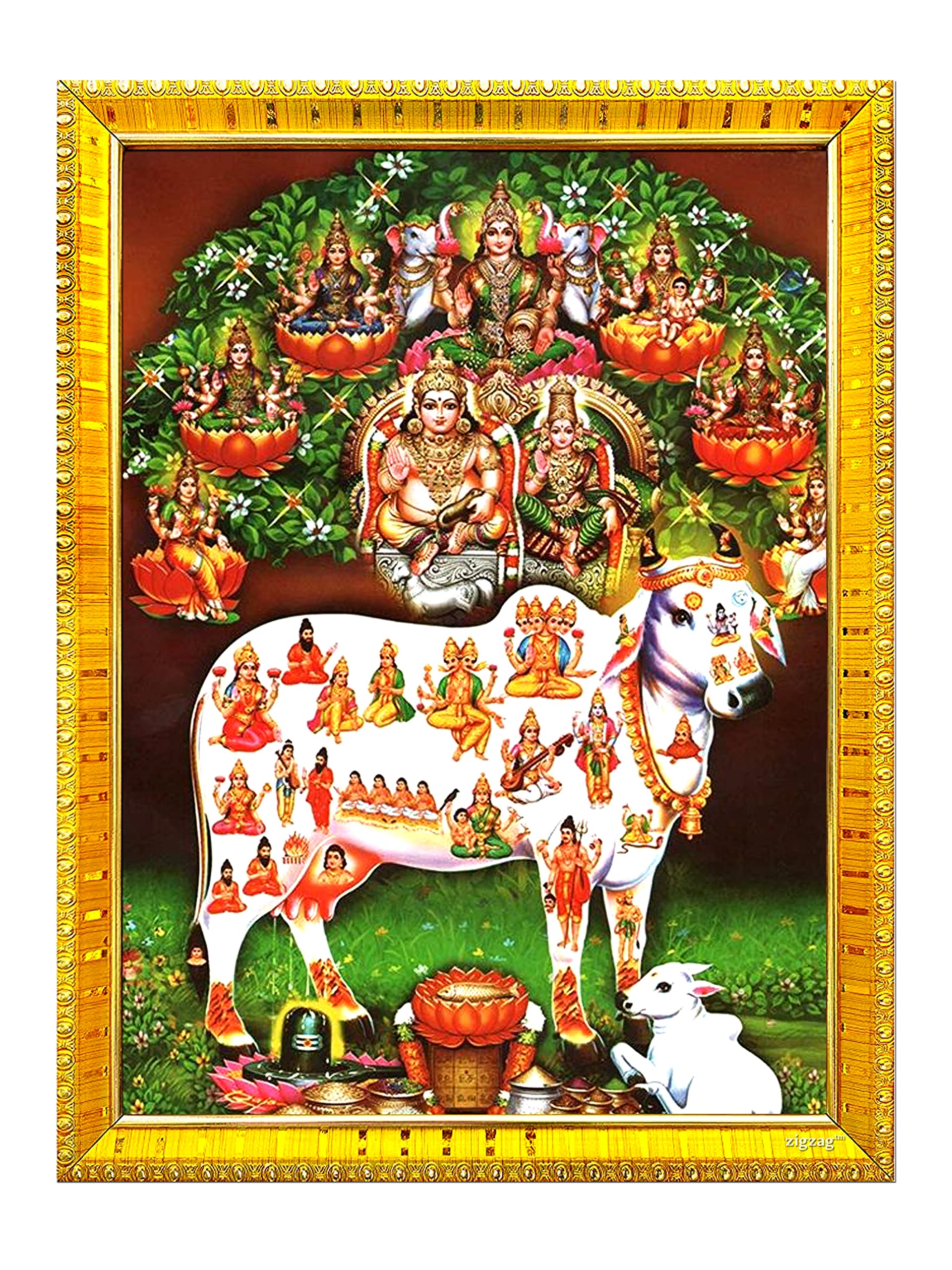 zig zag Goddess Gau Matha Kuberan Astha Lakshmi Photo Frame For Wall / Table / Pooja Room ( 7x9 inches, Acrylic Glass) Golden