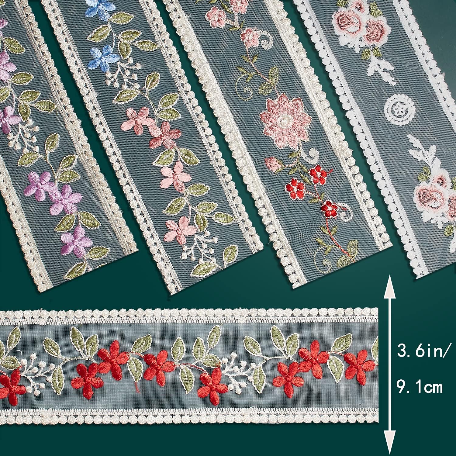 5.5 Plus Yards Lace Trim Ribbon, Vintage Embroidery Lace Edge, Colored Flower Cotton Embroidered Tulle Fabric for Wedding Bridal Decoration Sewing DIY Craft Gift Wrap Headband Clothes (Style A)