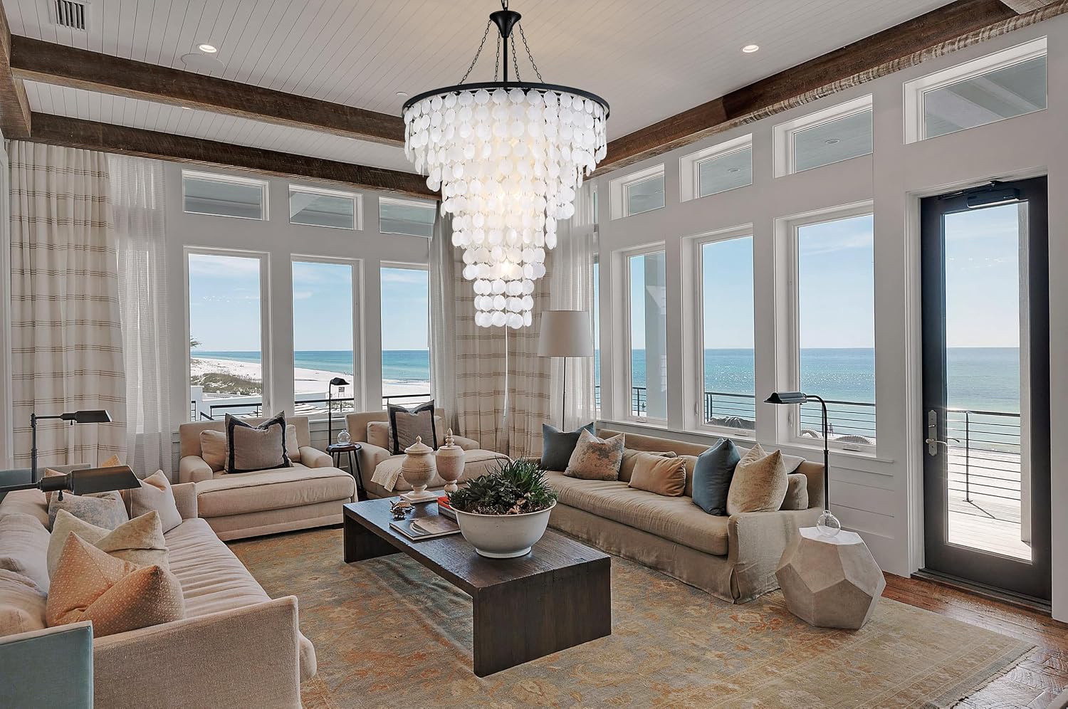 Wellmet Coastal Capiz Shell Chandelier, 9 Lights Beach Light Fixture, Sea Shell Pendant Lighting for Dining Room, Black Farmhouse Chandelier Ceiling Light for Kitchen Island, 30" Dia