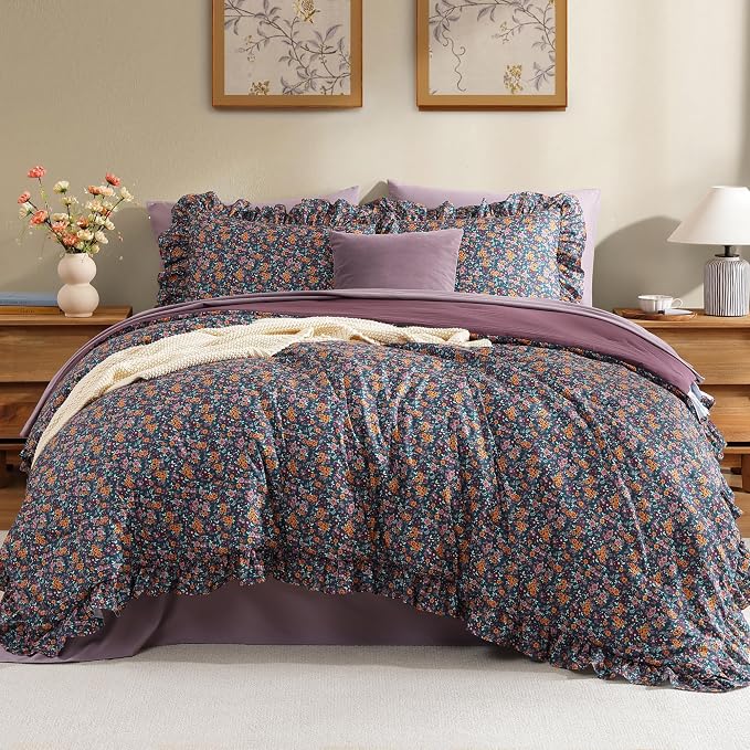 Full Comforter Set - 7 Pieces Ruffle Forest Green Bedding Sets, Shabby Chic Farmhouse Bed in a Bag with Ruffle Comforter, Floral Sheets, Pillowcases & Shams