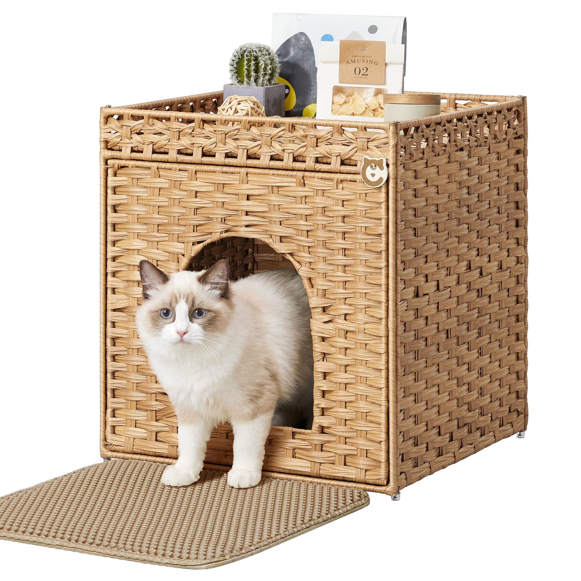 Feandrea Katzenschrank, Handgeflochtenes Katzenhaus, 52,5 x 52,5 x 56 cm | Beistelltisch mit Herausnehmbarem Tablett, in Rattan-Optik, Boho-Stil, Warmgelb, ELIOTT Kollektion PCL024YE01