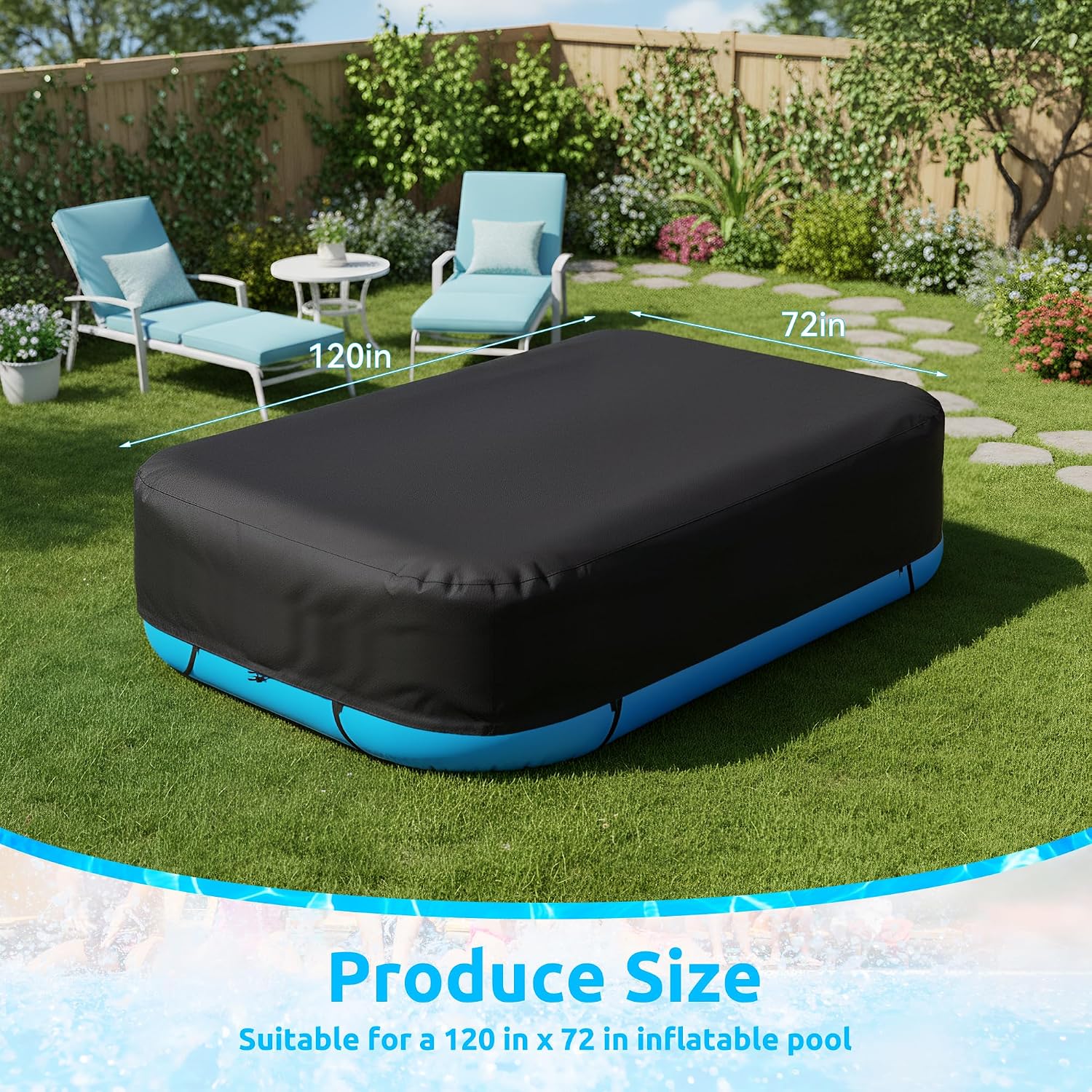 Inflatable Pool Cover, Rectangular Pool Covers Fits Blow Up Pool Size 120" x 72" W for Above Ground Swimming Pools, 10' x 6' Outdoor Swimming Pool Cover Built-in Elastic Band and Extra Buckle, Black
