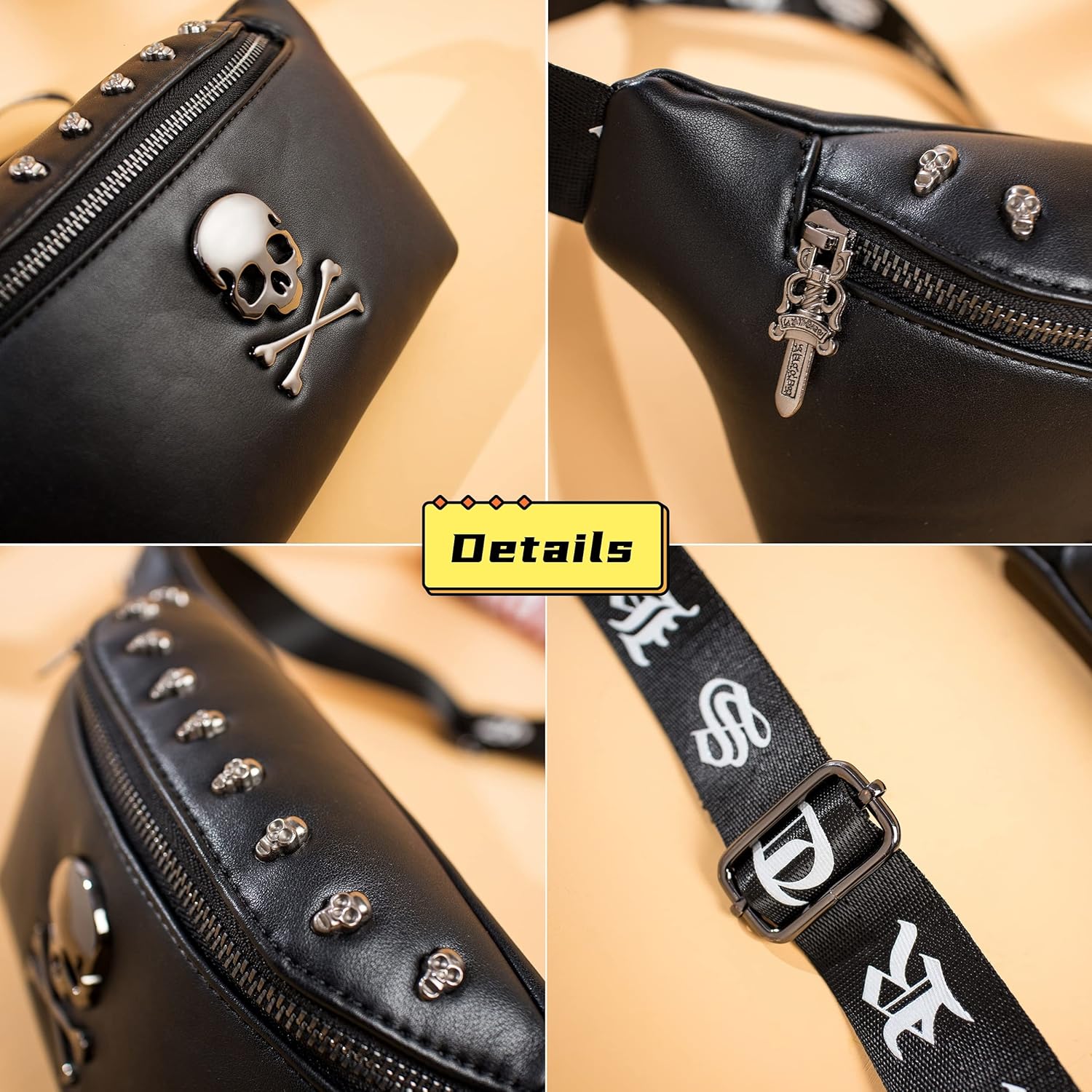 Leather Fanny Packs for Women,Skull Design Leather Waist Bag Black Fanny Pack Men Bum Bags for Women Crossbody Belt Bag Fashion Waist Pack for Holiday Festival Travel Running Hiking (Skull -2) - Image 3