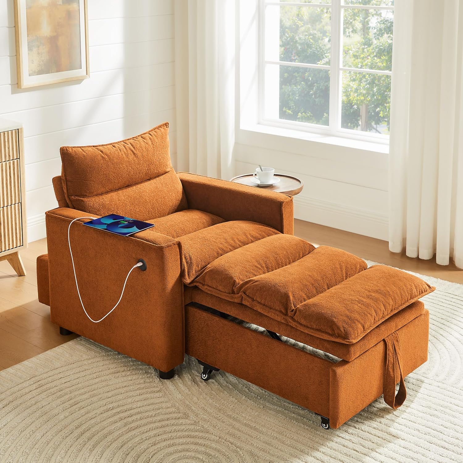 Sleeper Chair Sofa Bed Convertible Pull-Out Couch, 3-in-1 Futon Sofa with USB & Type-C Ports, Multi-Functional Modern Chaise Lounge Armchair for Living Room Bedroom Office Small Space, Curry