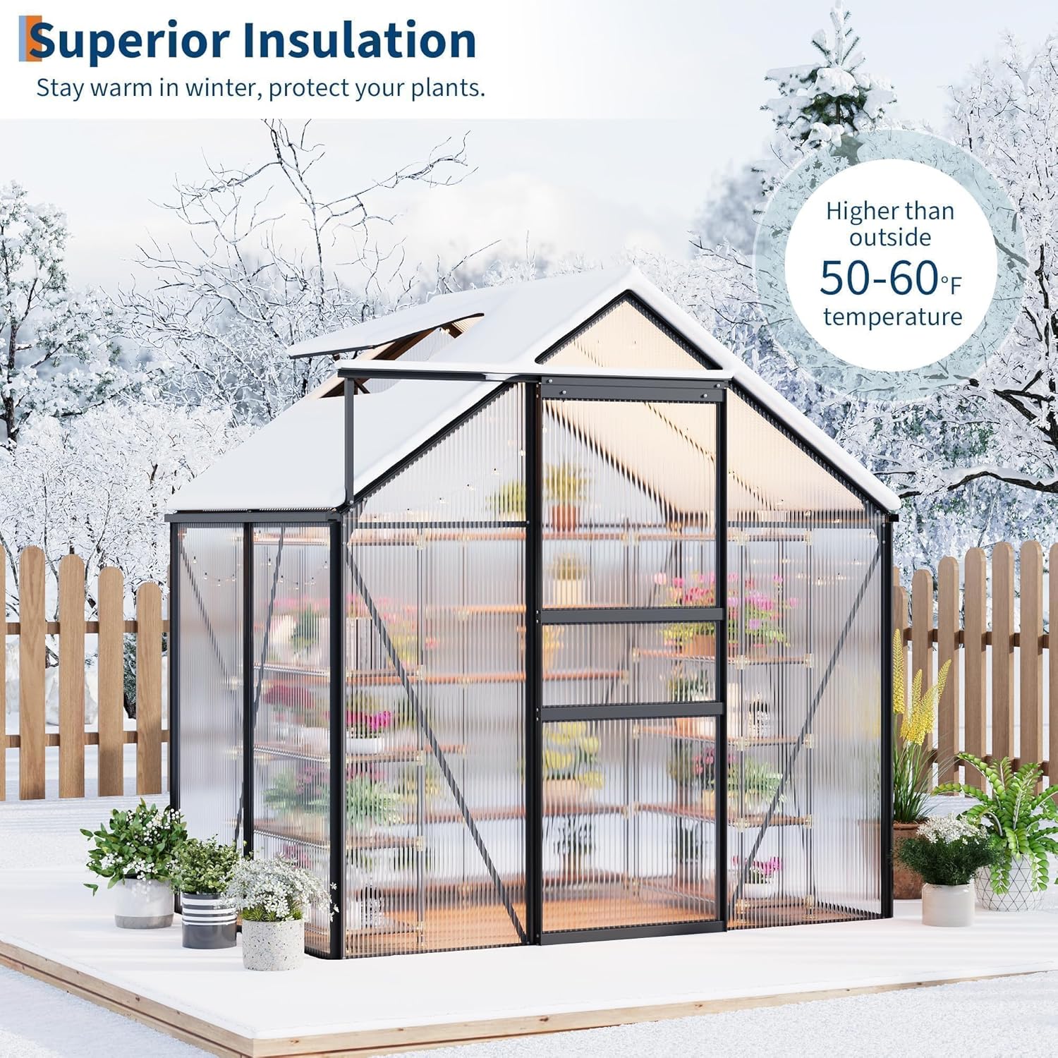 6x4 FT Polycarbonate Walk-in Greenhouse, Outdoor Garden Green House with Reinforced Aluminum Frame, Lockable Door & Adjustable Roof Vent, Easy Assembly Planting Shelter for Backyard Patio