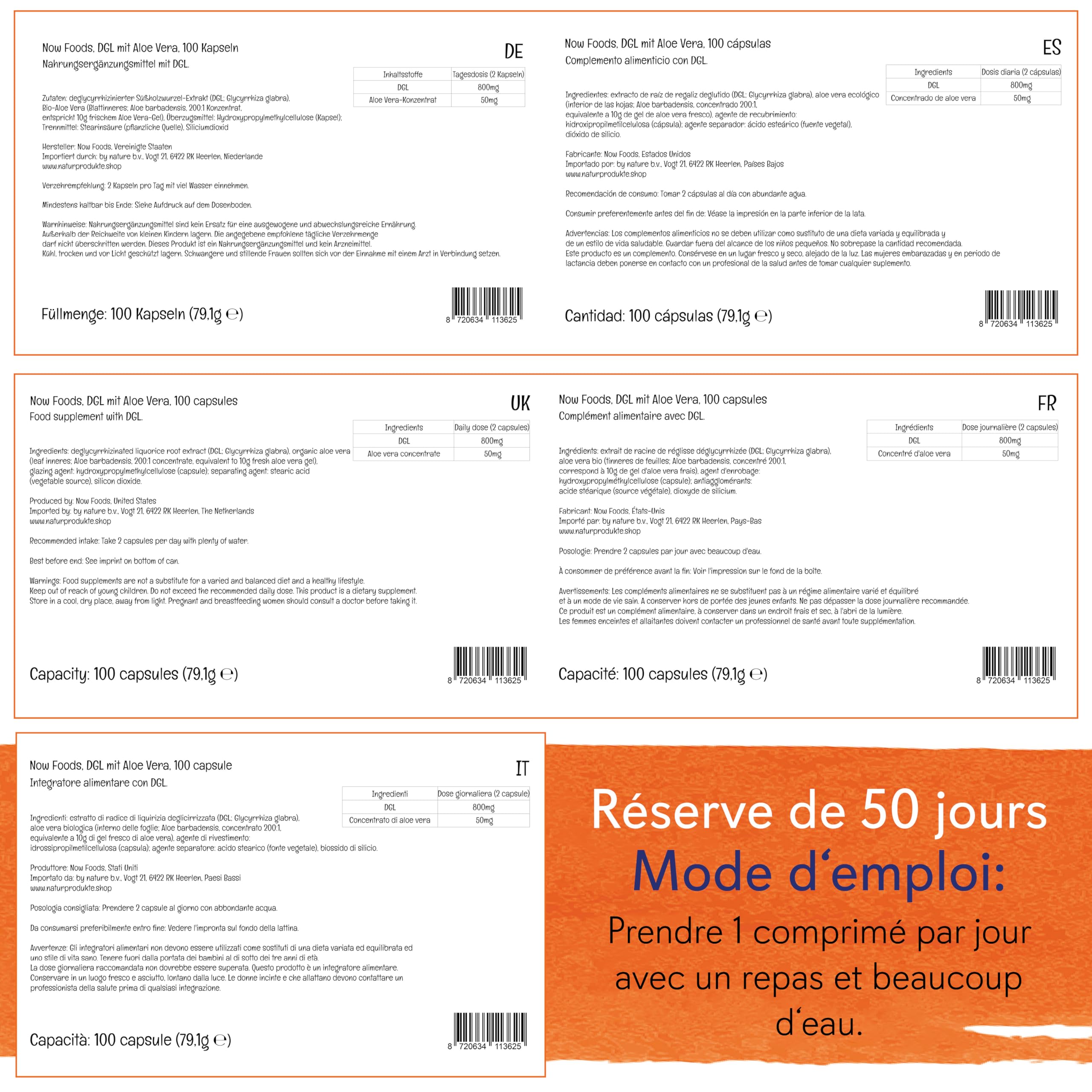 Now Foods, DGL with Aloe Vera (Racine de Réglisse), 100 Capsules végétaliennes, Testé en Laboratoire, Sans Gluten, Sans Soja, Végétarien