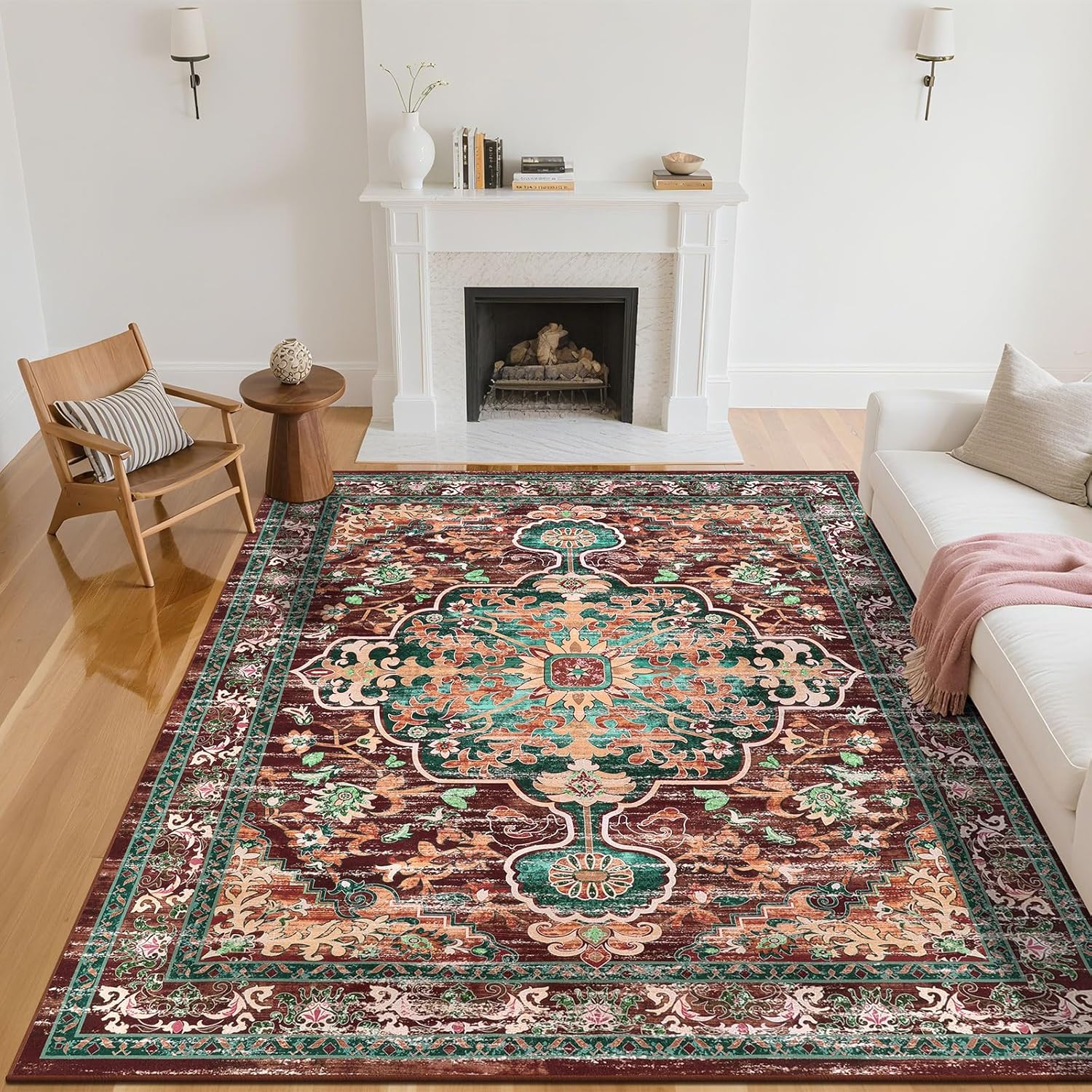 U'Artlines Boho Vintage Area Rug 8x10 Machine Washable Low Pile Ultra-Thin Soft Floor Carpet Non Slip Non Shedding Accent Rug for Living Room Bedroom Entryway Dining Room Office(Rust&Teal)