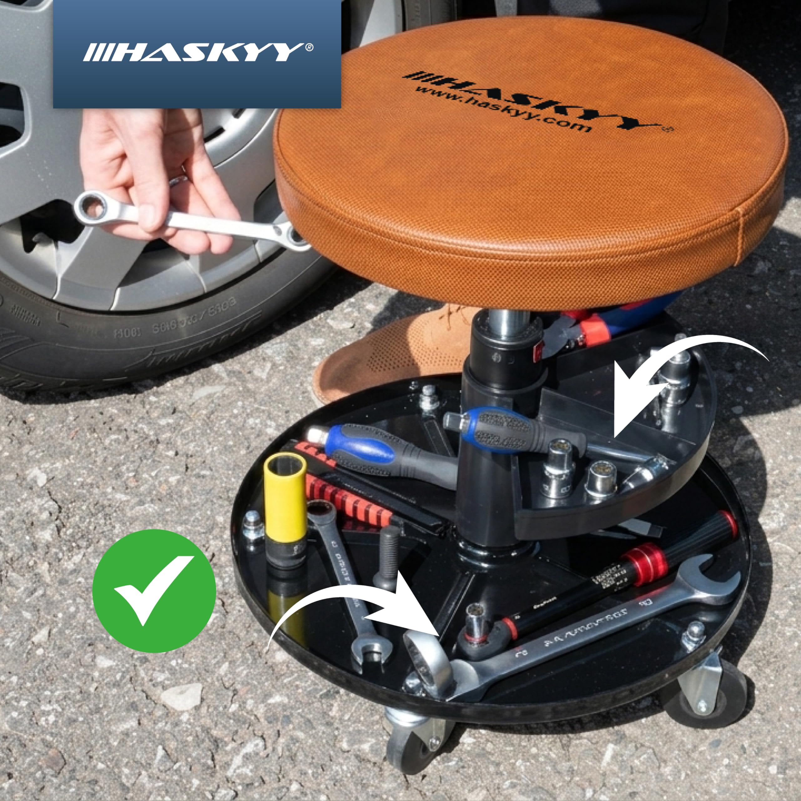 HASKYY - Taburete de Taller con Ruedas, Altura 430-580 mm, diámetro 40 cm, Revestimiento de Gel, para Taller, 135 kg, 2 estantes
