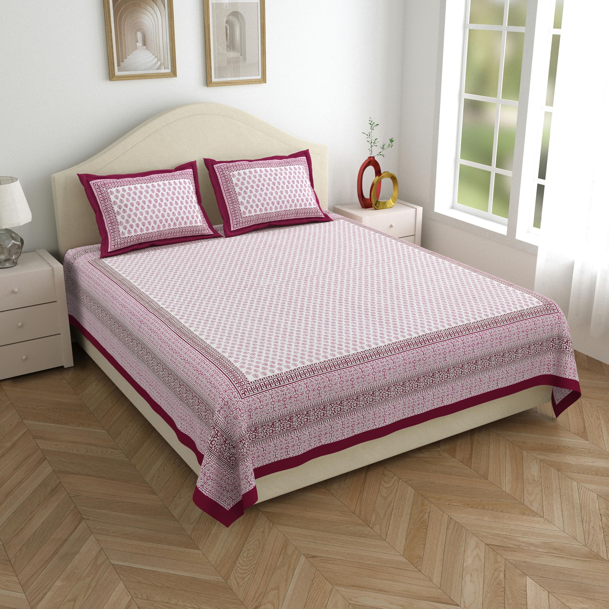 WestNic Jaipuri Print 100% Pure Cotton King Size Bedsheet for Double Bed | 400 TC (Thread Count) | Size 90 X 108 Inches | with 2 Cotton Pillow Covers | Floral Print Design (Pink) (B0DB66MKTM) Amazon Price History, Amazon Price Tracker