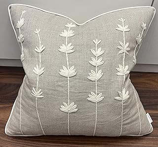 VAGMINE Hand Embroidered Linen Throw Pillow Cover 18x18 – Natural Squa...