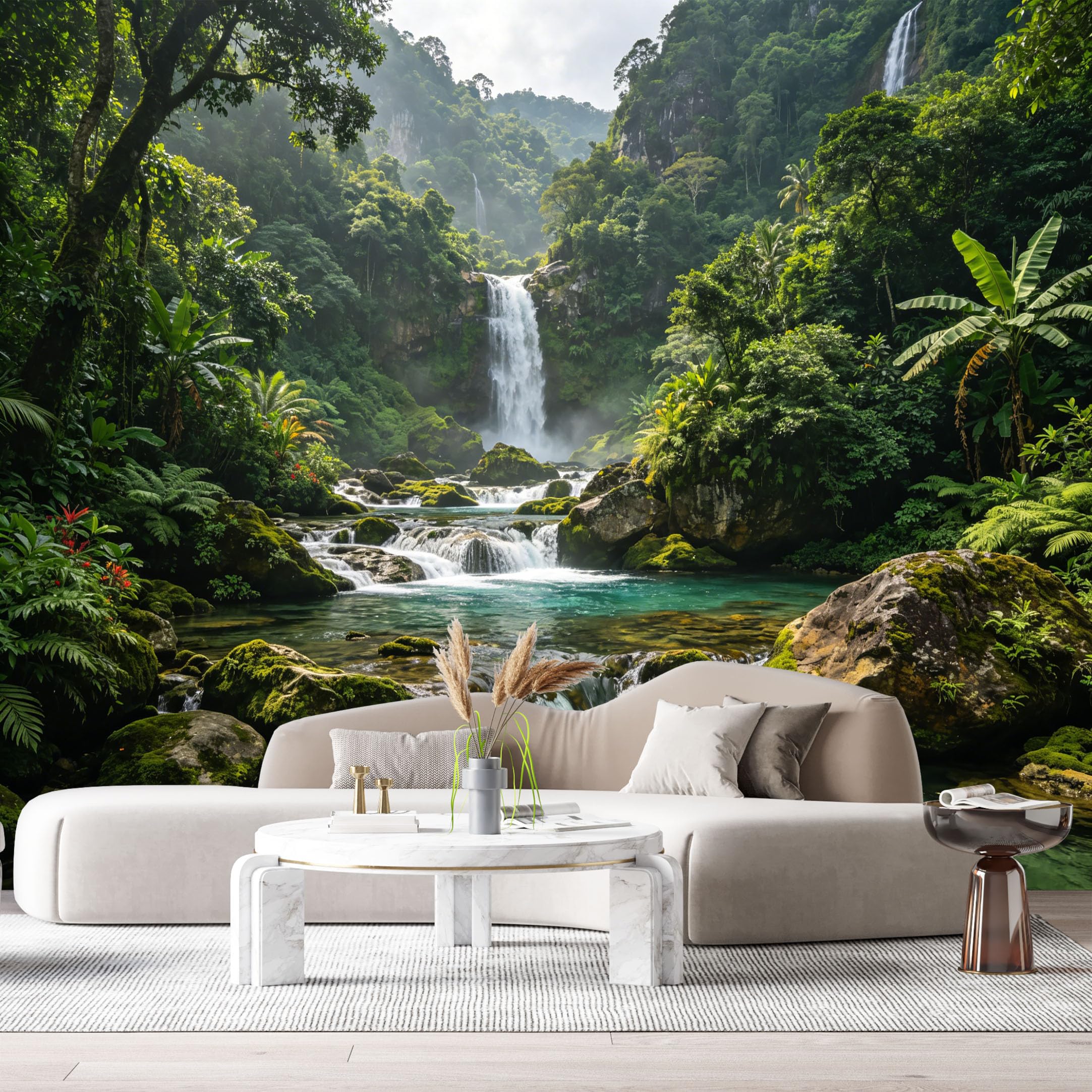 Custom Size Wall Murals Tropical Waterfall Landscape Forest Jungle River Rocks SelfAdhesive Wall Fabric Removable Large Wallpaper for Photo Living Room