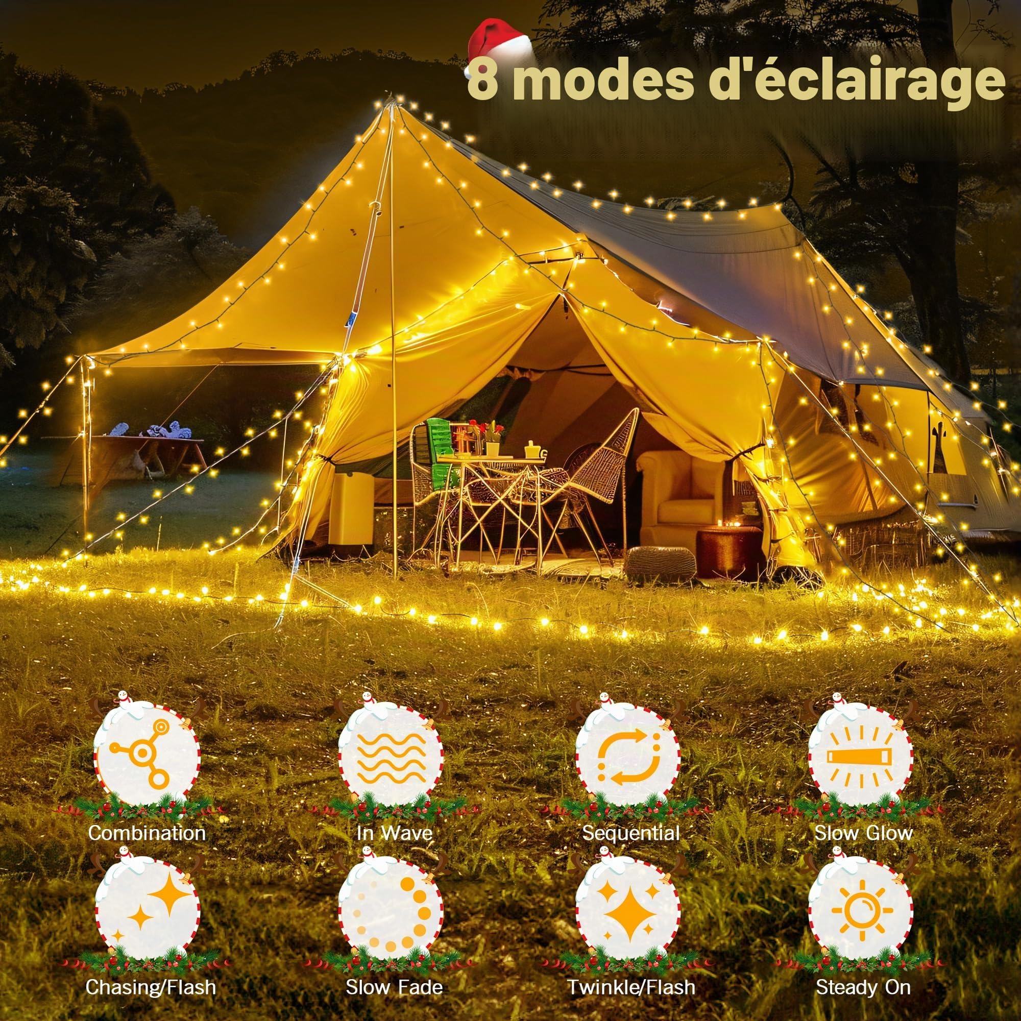 Auriostar Guirlande Lumineuse Pile, 20m 200LEDs Lumineuse Sapin de Noel avec 8 Modes, étanche IP44 Guirlande Lumineuse à Pile Exterieure Intérieur pour Noël, Chambre, Jardin (Fil Vert)