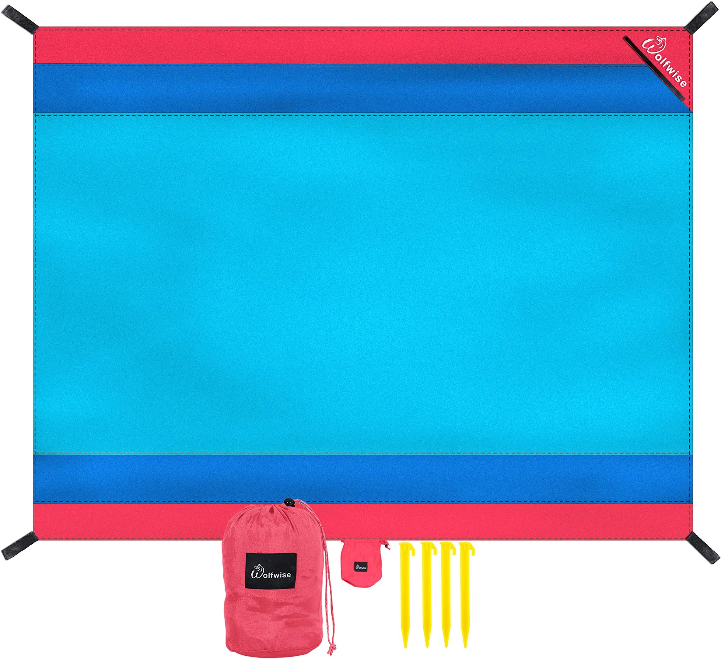 WolfWise Water-Resistant Beach Blanket, Extra Large 106“x82.5”Sand Escape Super Soft Nylon Beach Mat for Travel Camping Hiking Picnic, Lightweight Machine Washable with Corner Pockets, Blue
