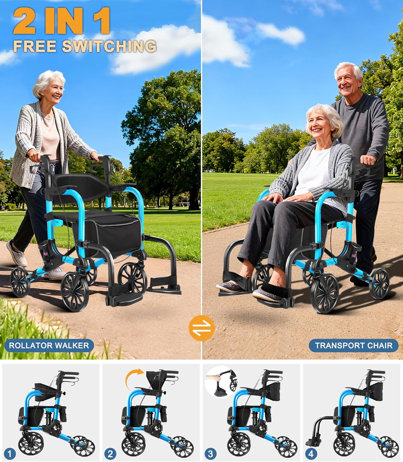 foldable rollator walker with seat for seniors,lightweight 2-in-1 rolling walkers and wheelchair combo with adjustable handle height,transport chair with brakes 300 lbs weight capacity blue-all terrain(10" front and 8" rear wheels)